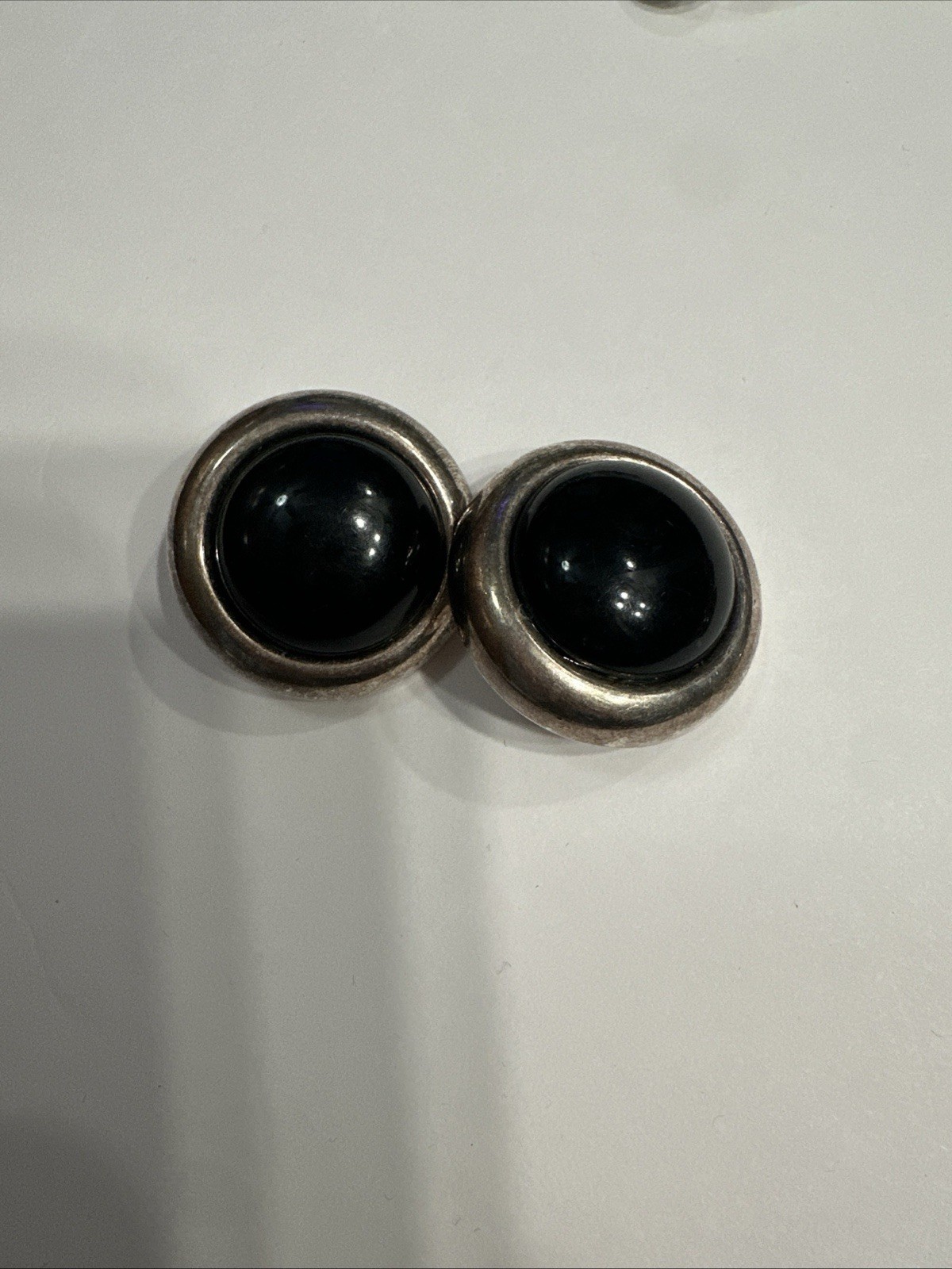 Vintage Sherman Black Cabochon Clip On Earrings Signed Cursive S Canada MCM