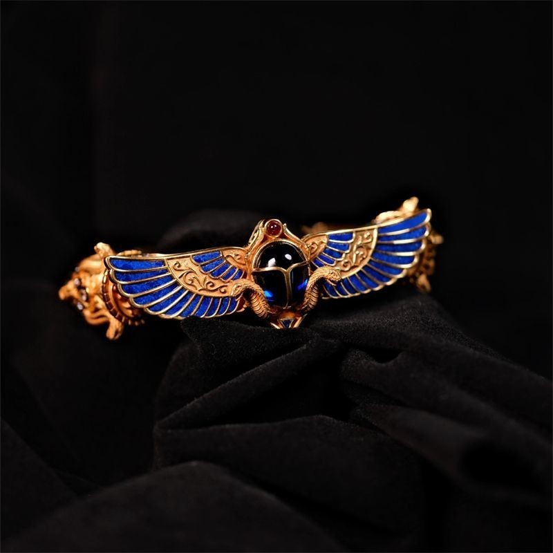 Ancient Egyptian Winged Scarab Open Cuff Bracelet Vintage Gold Plated Jewelry
