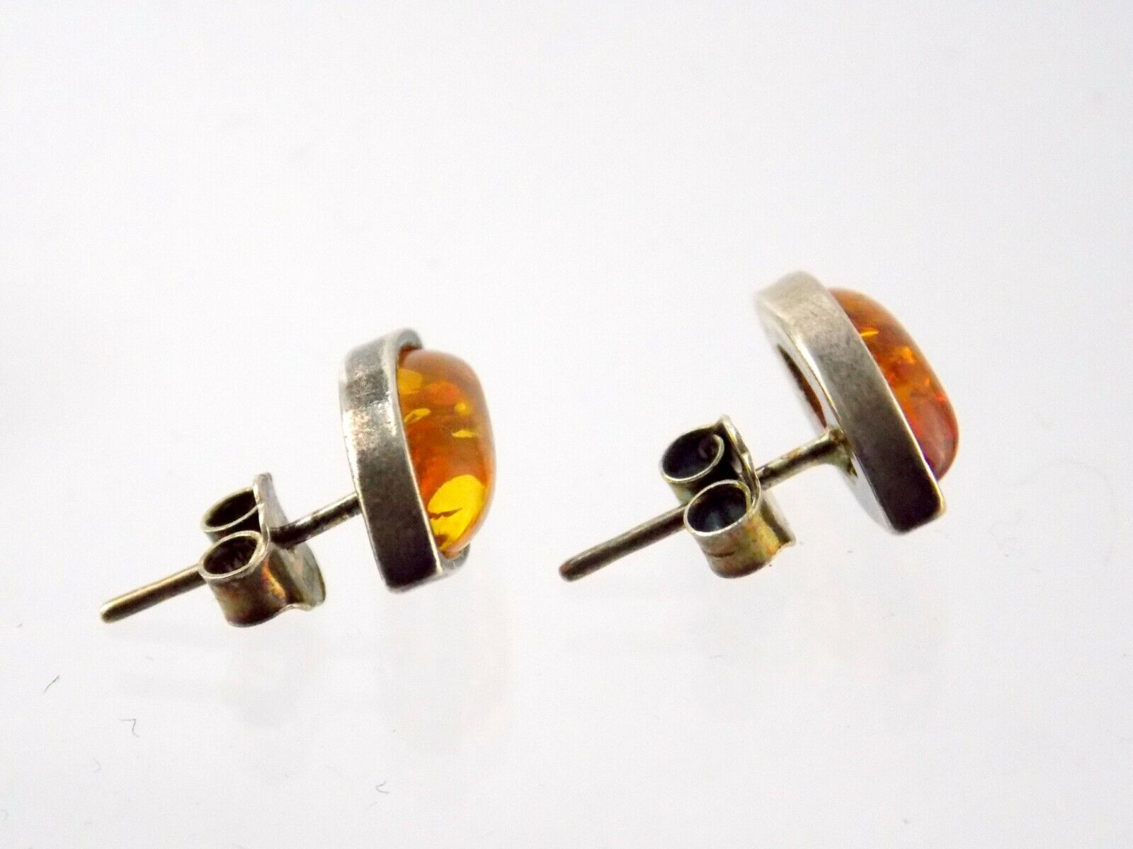 Sterling Silver Orange Amber Cabochon Stud Earrings .5 Inch Length 2.5g