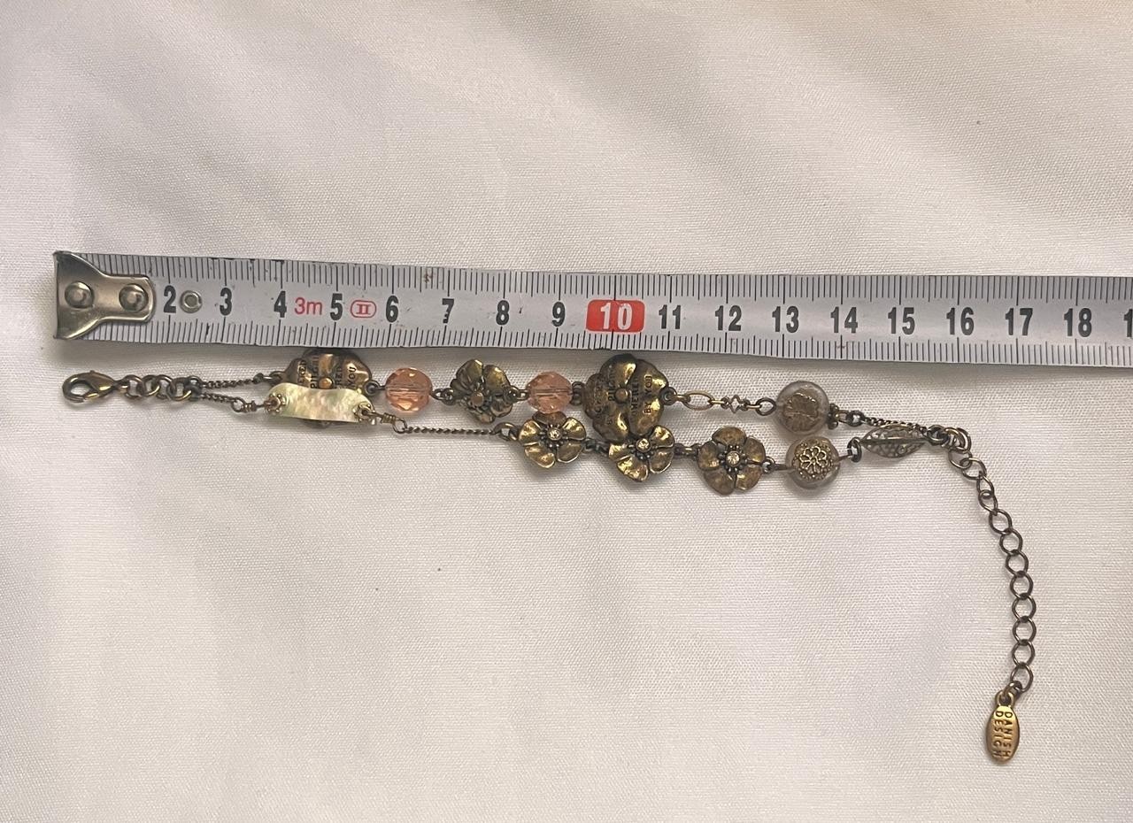 Vintage Brass Floral Bracelet Pink Bead Accents Boho Antique Style Jewelry