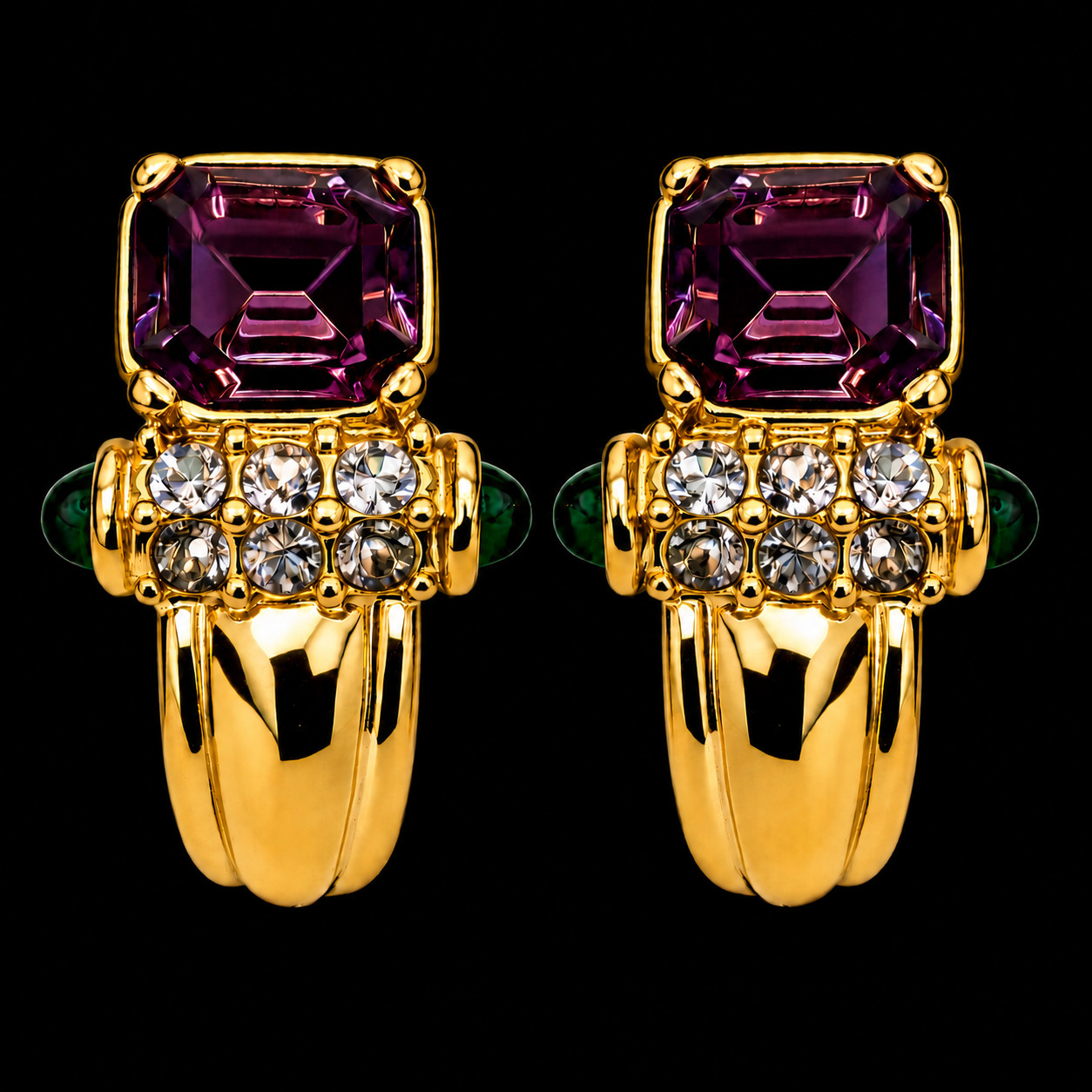 VTG Nolan Miller Clip On Earrings Gold Tone Purple Green Retro Glam Dynasty