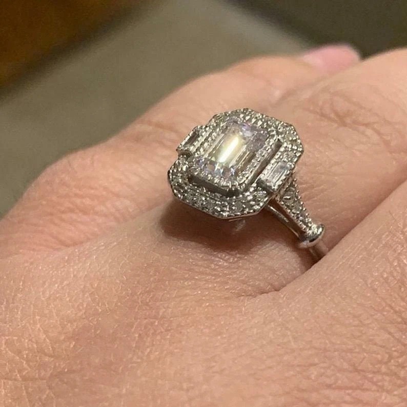 Art Deco Emerald Cut Lab Created Diamond Engagement 14Ct White Gold Finish Ring