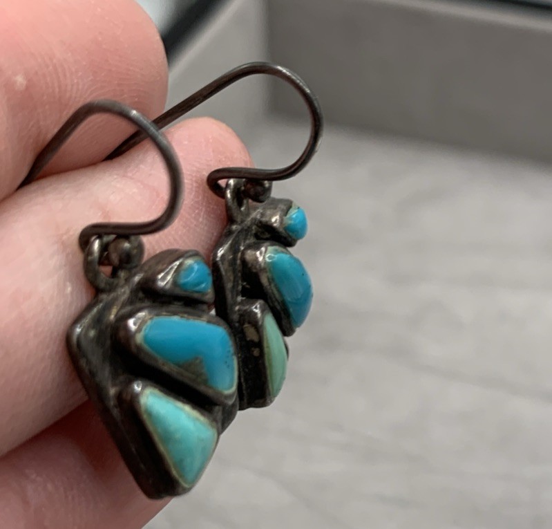 Vintage Southwest Sterling Silver Blue & Green Stone Rectangle Drop Earrings