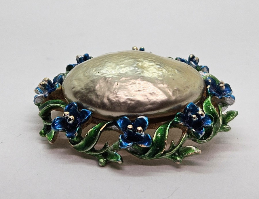 Vintage Signed ART Arthur Pepper Faux Pearl Enamel Blue Green Flowers