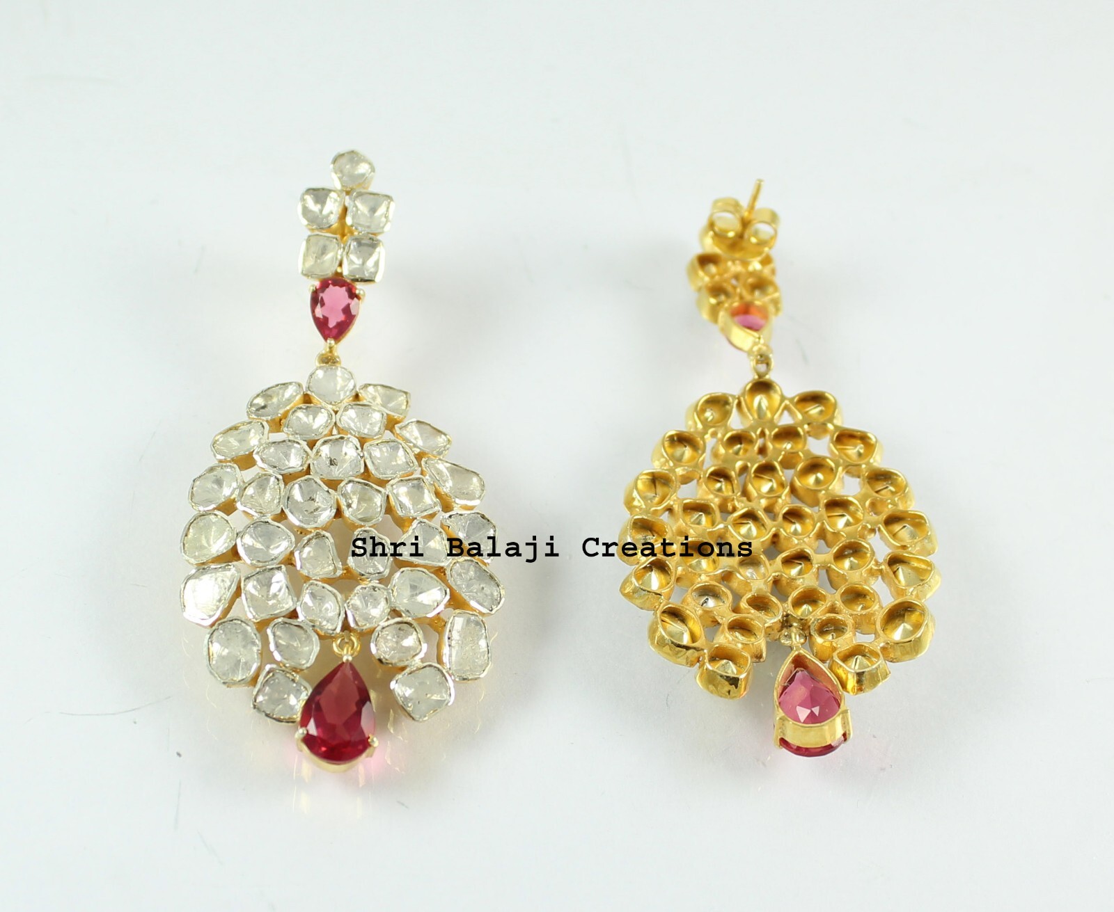 Earring Natural Uncut Diamond Polki Red Quartz 925 Sterling Silver Earring