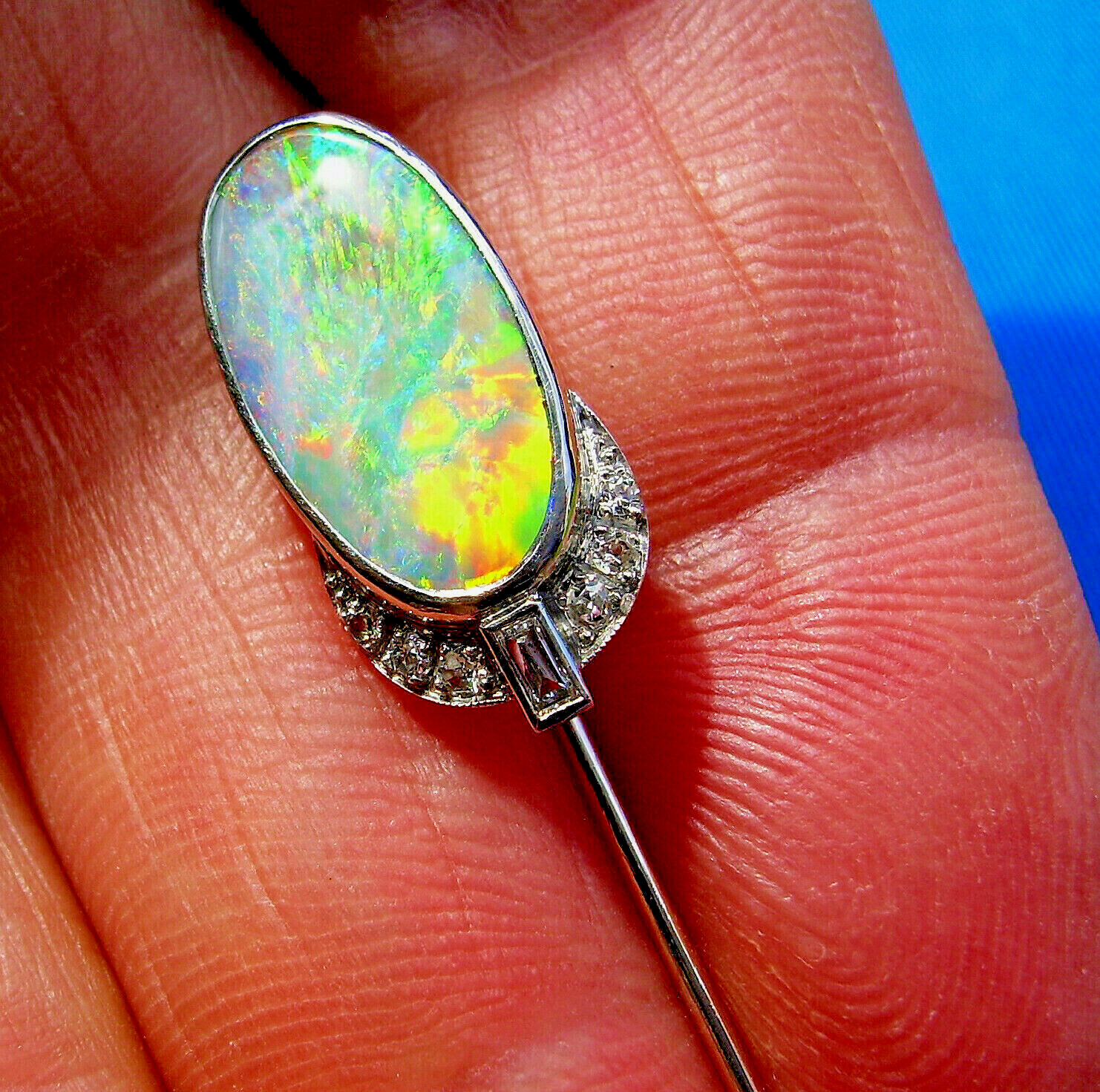 Original EARTH MINED Australian Black OPAL Art Deco DIAMOND Pin Antique PLATINUM