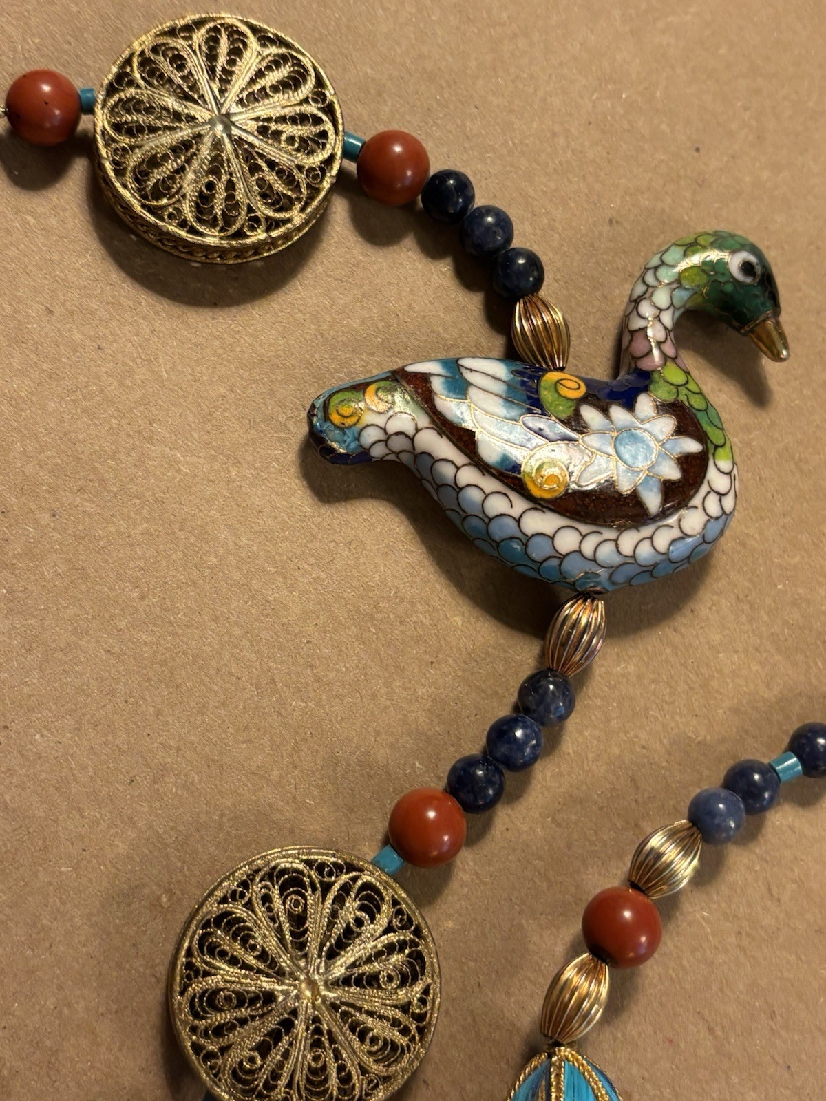 Vintage Cloisonne & Brass Necklace w/ Owl & Duck Pendant Boho Statement EUC