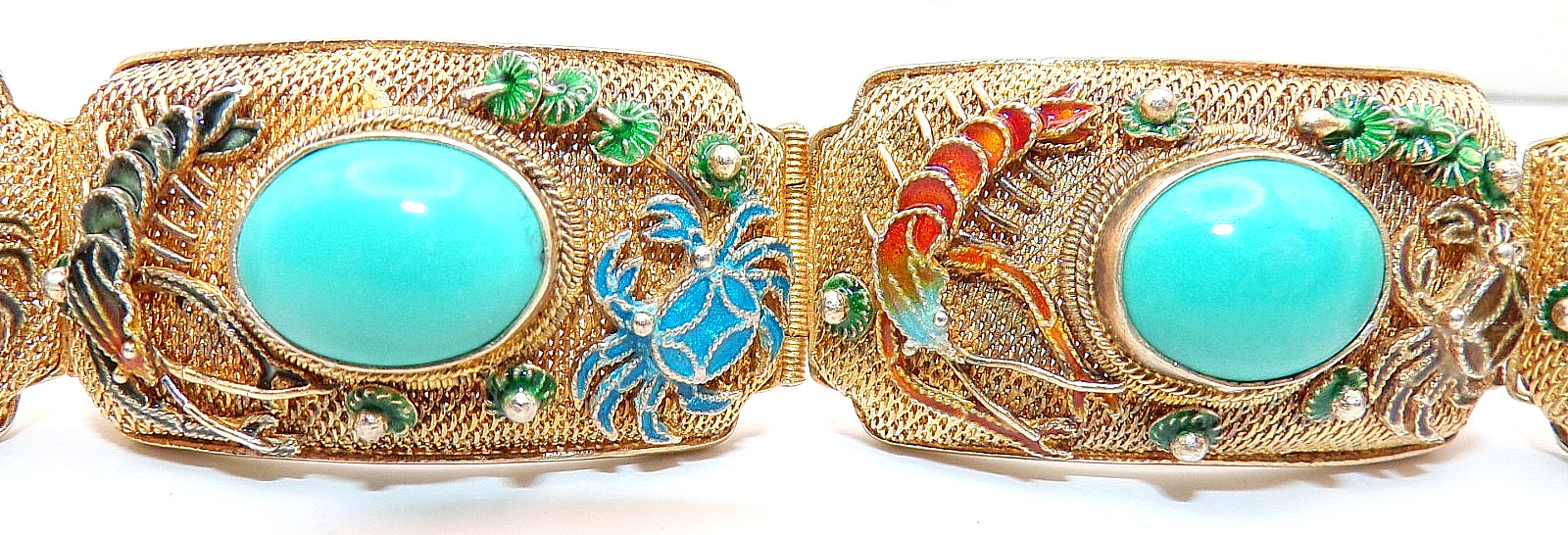 GORGEOUS CHINESE STERLING SILVER 5 Link FILIGREE ENAMEL CORAL Bracelet 7.5″ Long