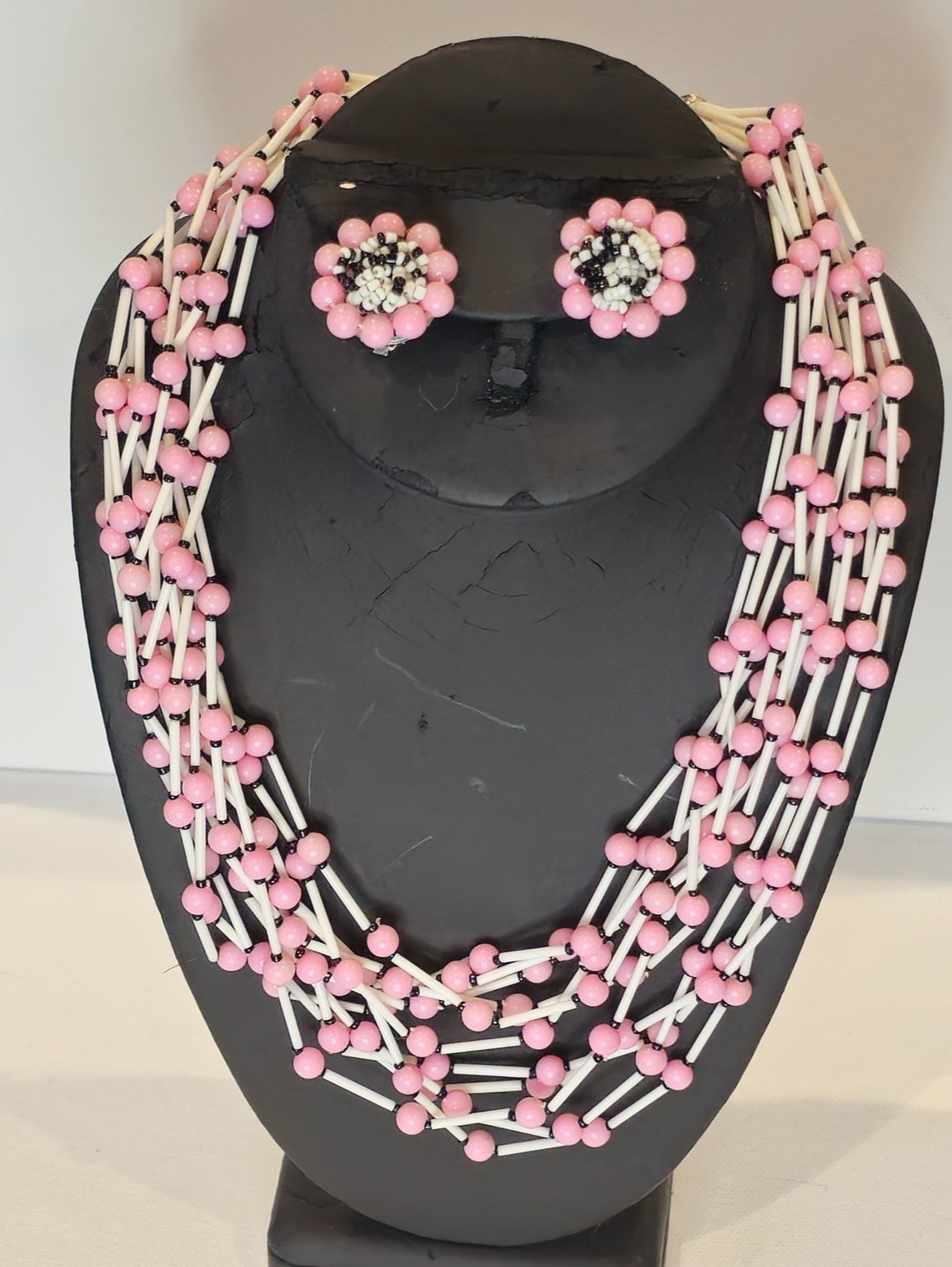 Vintage Japan Pink White Black Beaded Necklace & Clip‑On Earrings Set
