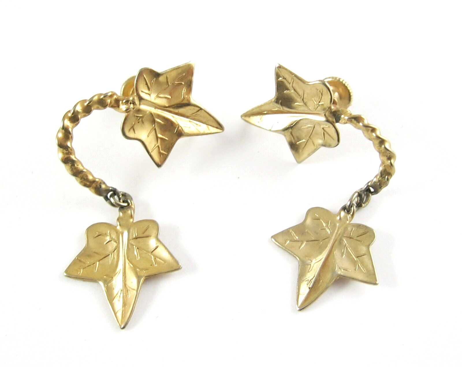 DANGLE GOLDTONE 3 Vintage Pairs EARRINGS Screwbacks Ivy Leaves Ovals 2 5/8″