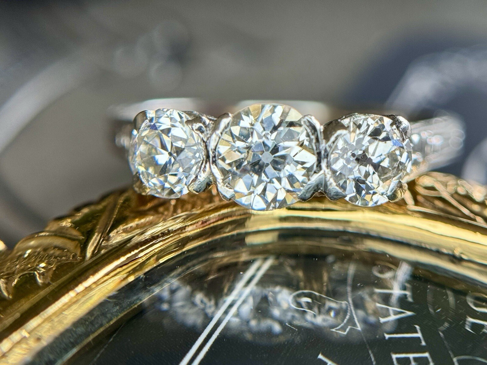 Antique Lambert Bros Old European Cut Three Stone Diamond Engagement Ring