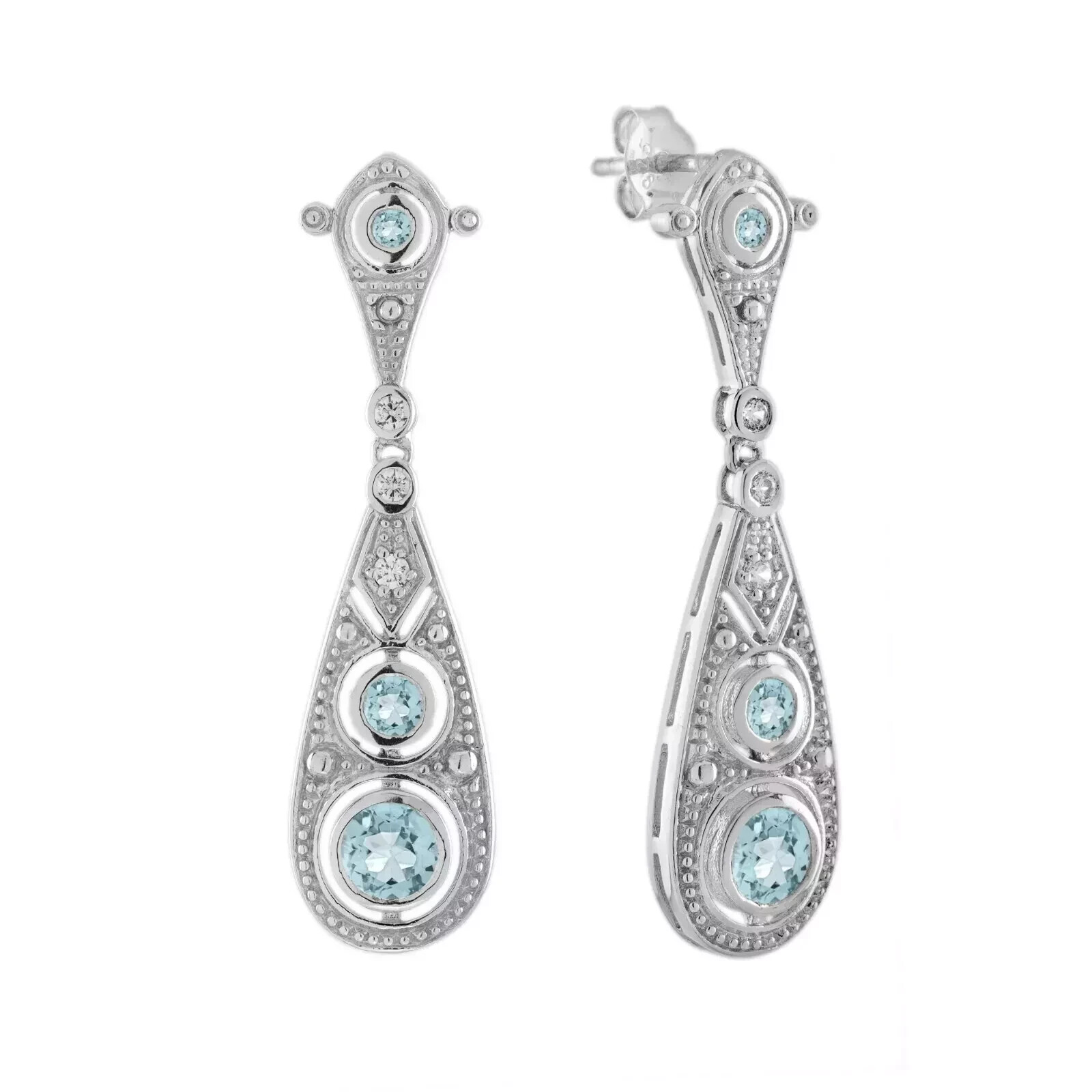 Art Deco Style Lab Created Diamond Aquamarine Drop Earring 14k White Gold Finish