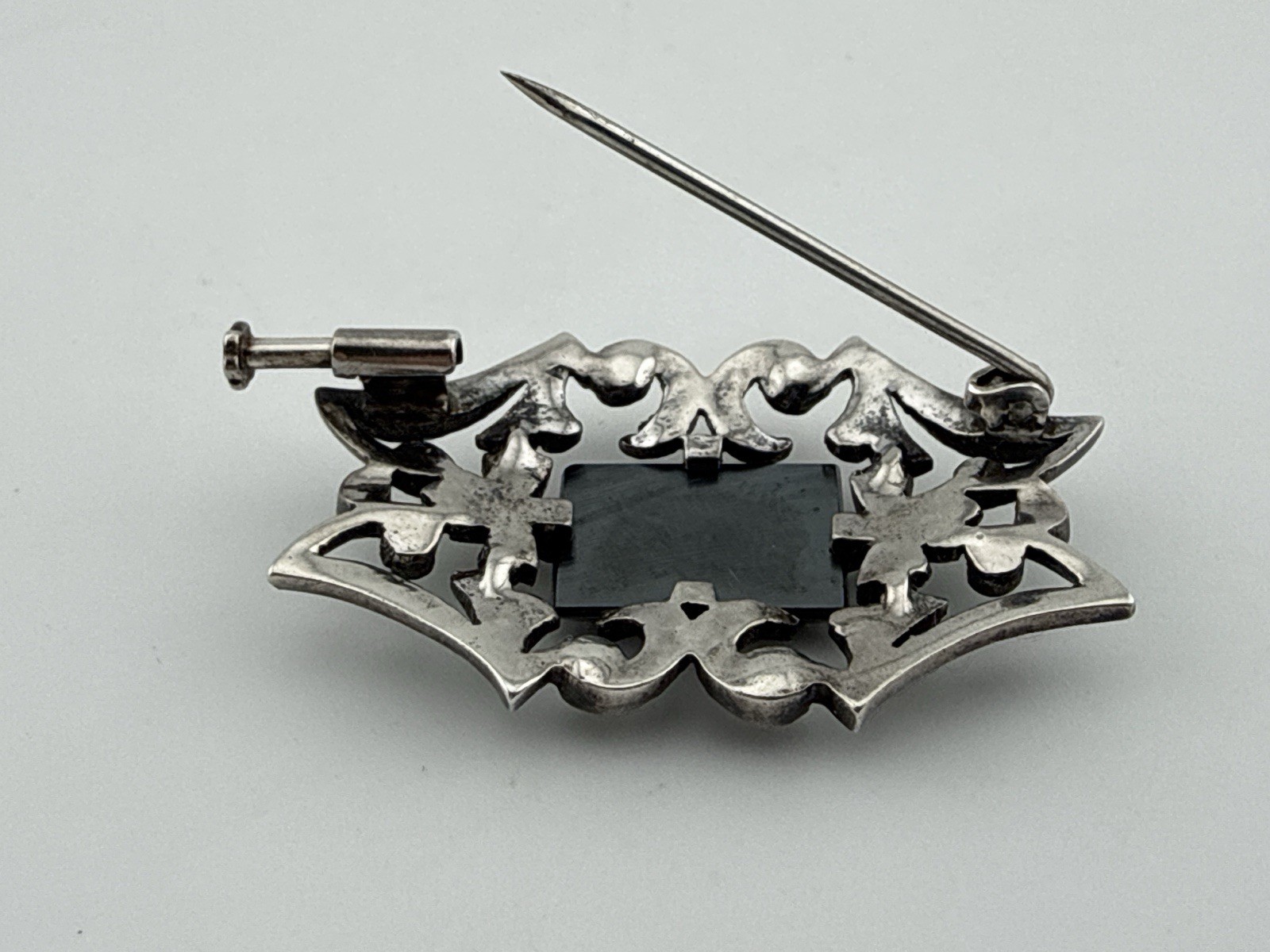 Antique Sterling Silver Unmarked natural hematite brooch Trombone Clasp 1.5”X1”