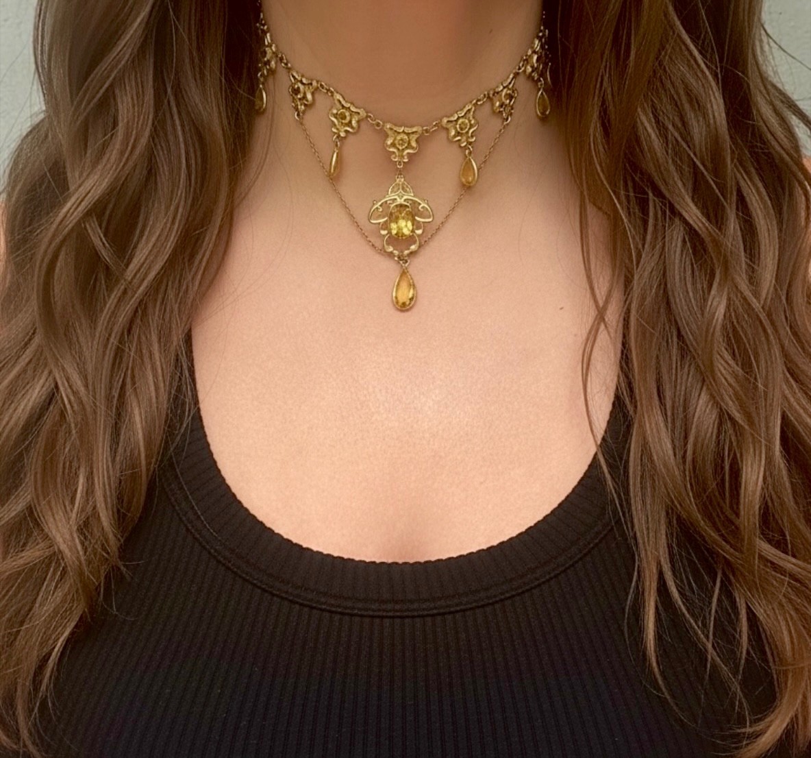 Antique Art Nouveau Goldtone Citrine Glass Festoon Choker Pendant Necklace