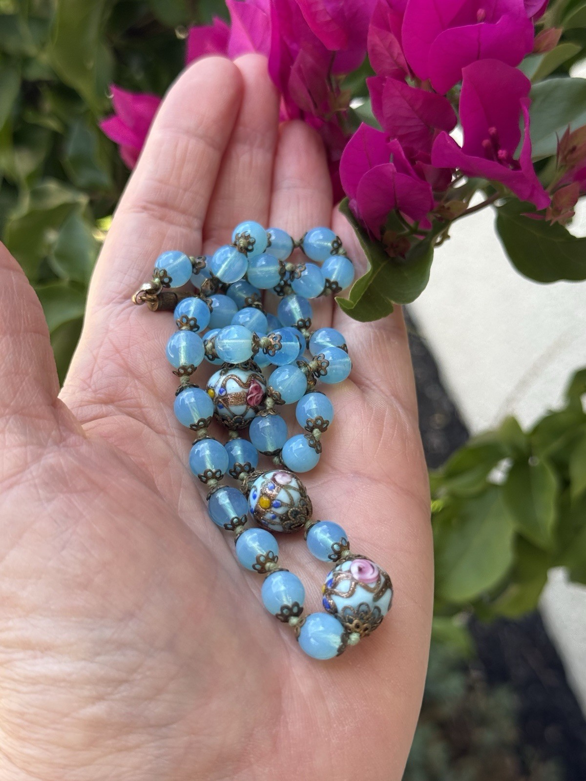 Antique Venetian Murano Wedding Cake Blue Opalescent Glass Beaded Necklace