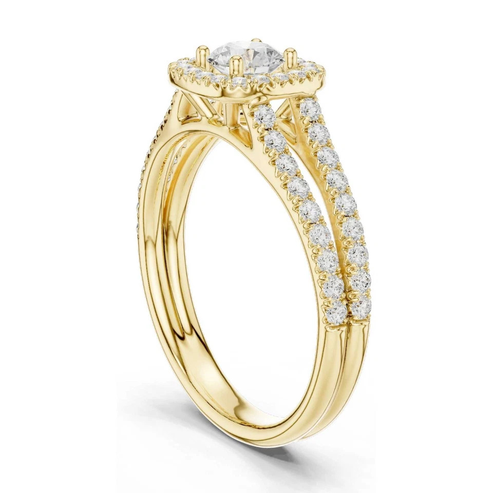 1.00TCW Round Cut White Moissanite Halo Engagement Party Ring 10K Yellow Gold FN