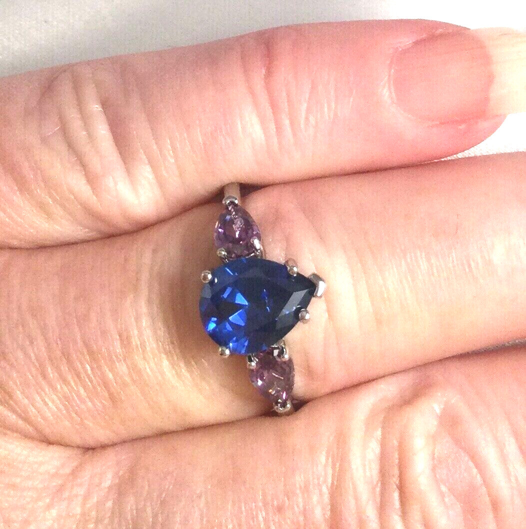 Jewellery Pear Cut Blue Sapphire and Amethysts Engagement Ring White Gold Finish