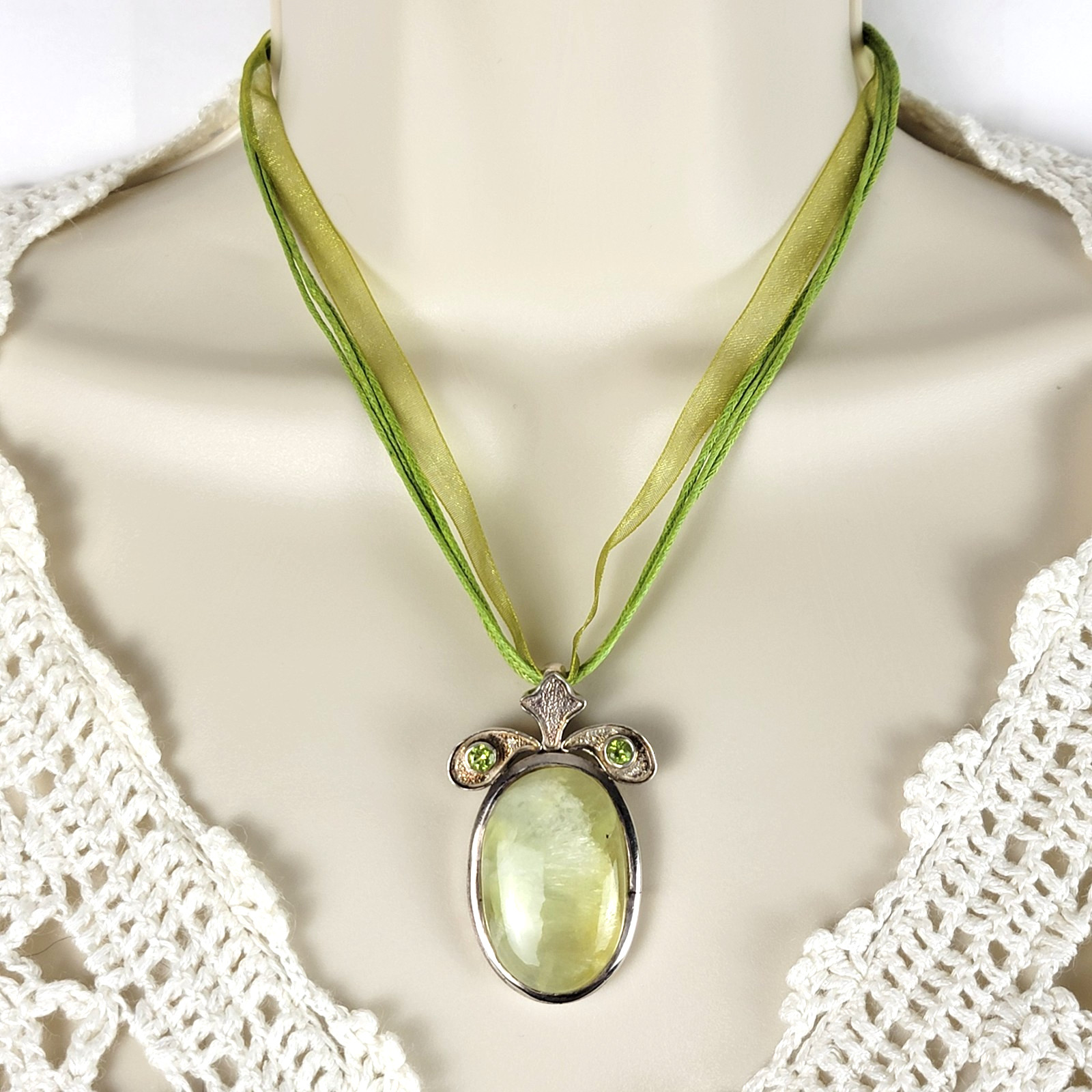 Vintage Prehnite Peridot Statement Pendant 925 Sterling Silver Large Boho 25g