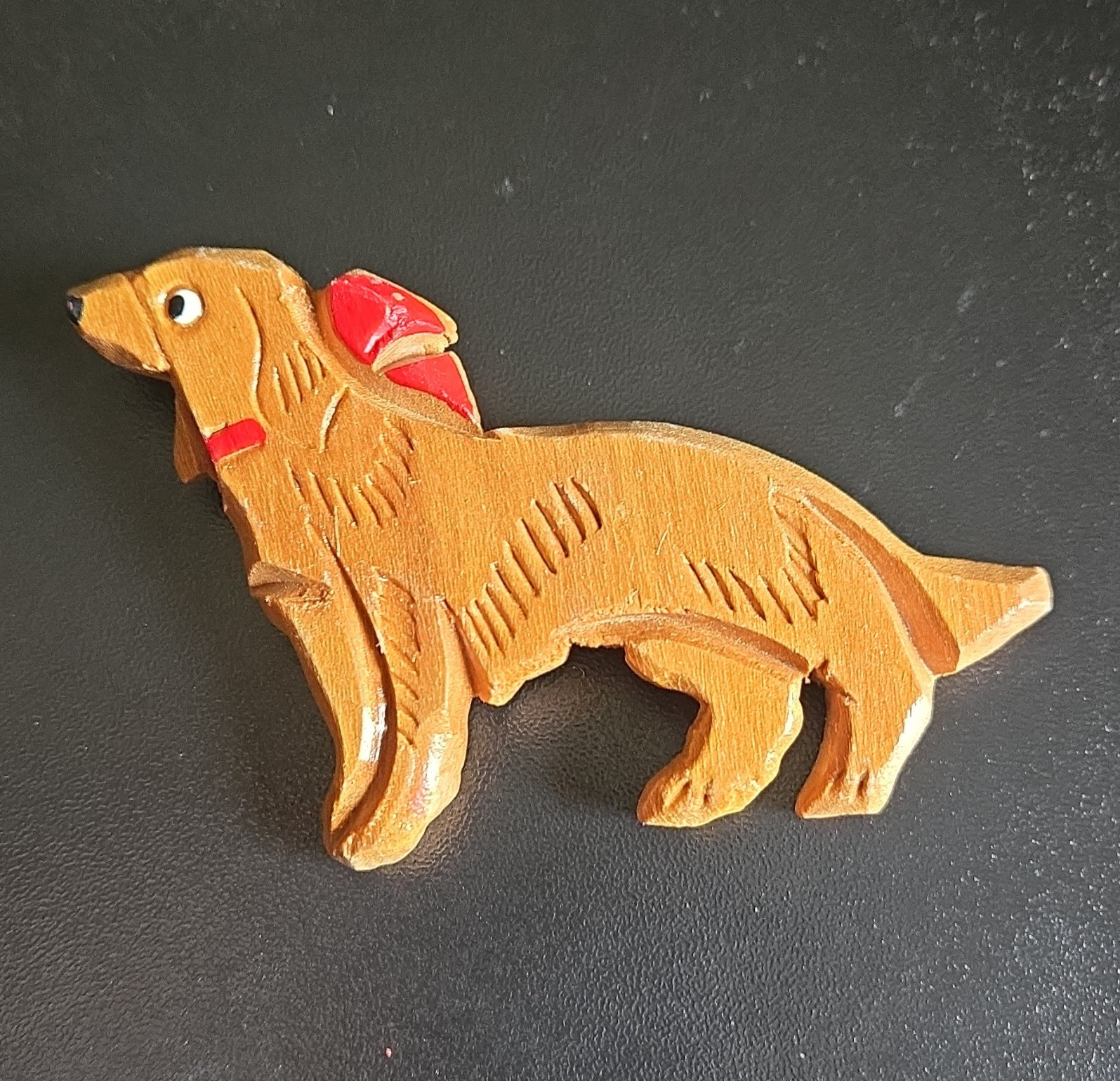 Hand Painted Brown Wooden Dog Brooch Pin with Red Ribbon, Animal Theme