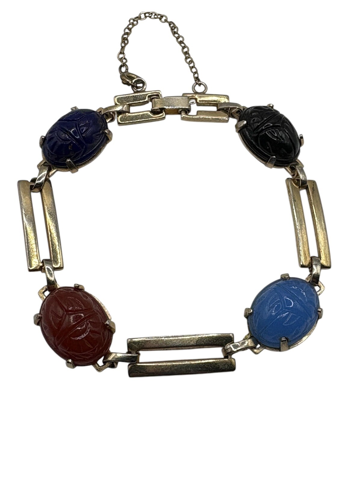 Vintage Egyptian Revival Carved Glass Scarab Bracelet Safety Chain READ