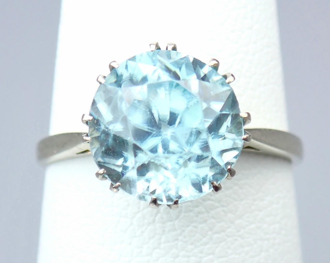 Antique Art Deco 18K Gold 5.4ct Old Cut Blue Zircon Solitaire Engagement Ring 6