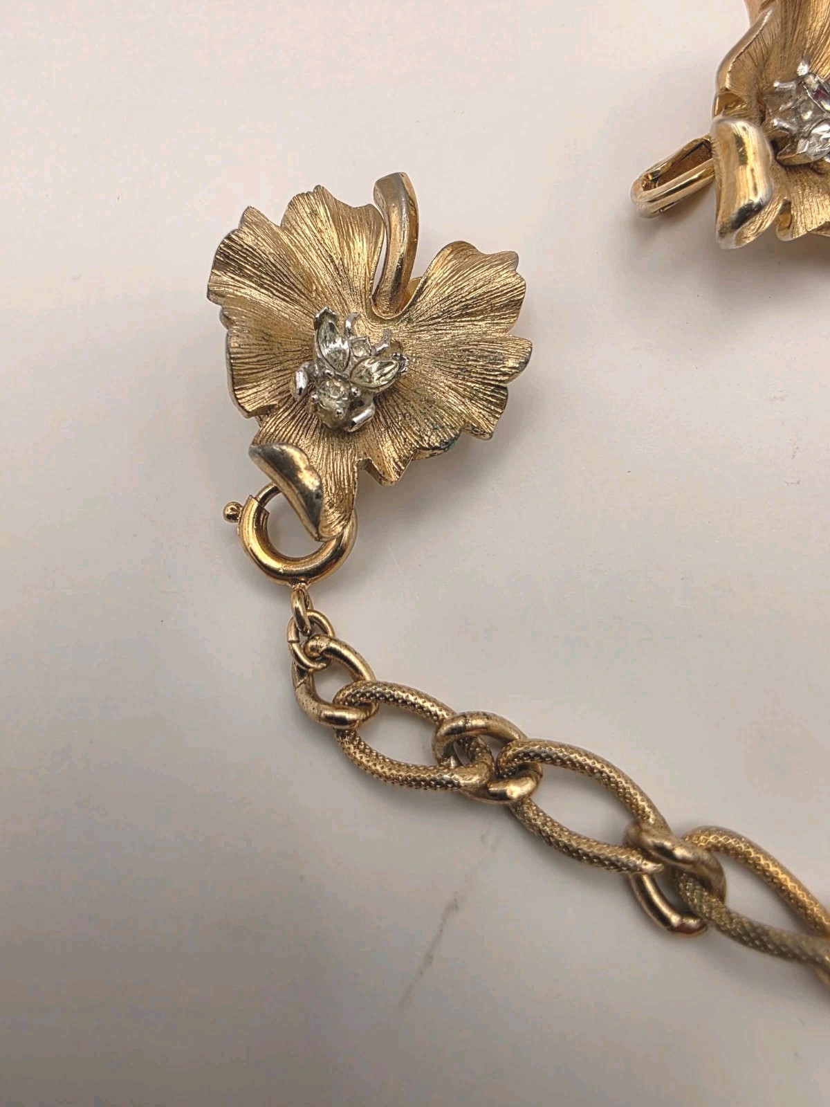 Vintage Signed Trifari Crystal Bugs On Goldtone Leaf Brooch/Earrings/Sweaterclip