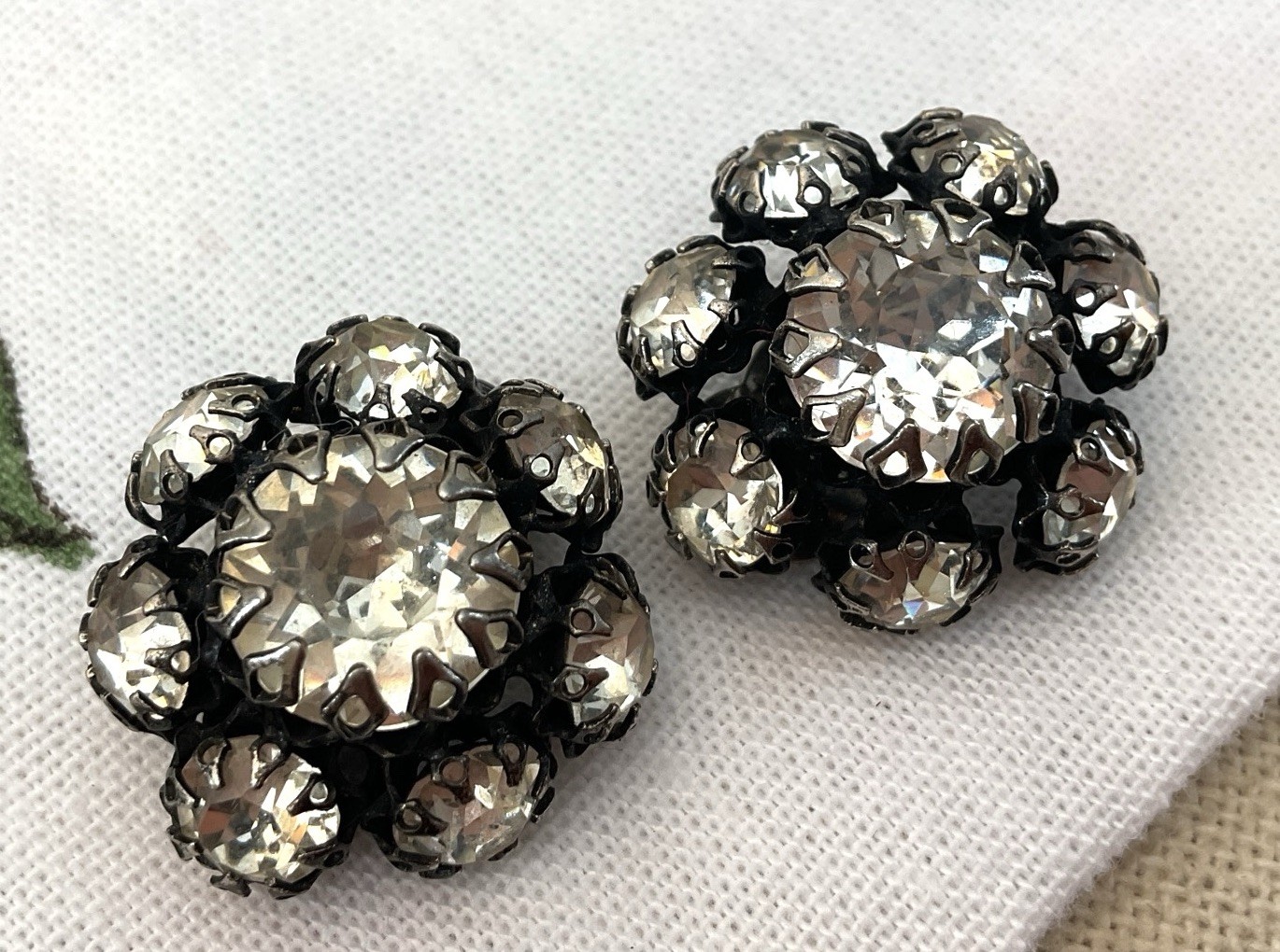 Designer Kramer New York Clear Glamor Rhinestone Japanned Earrings-Signed 1”