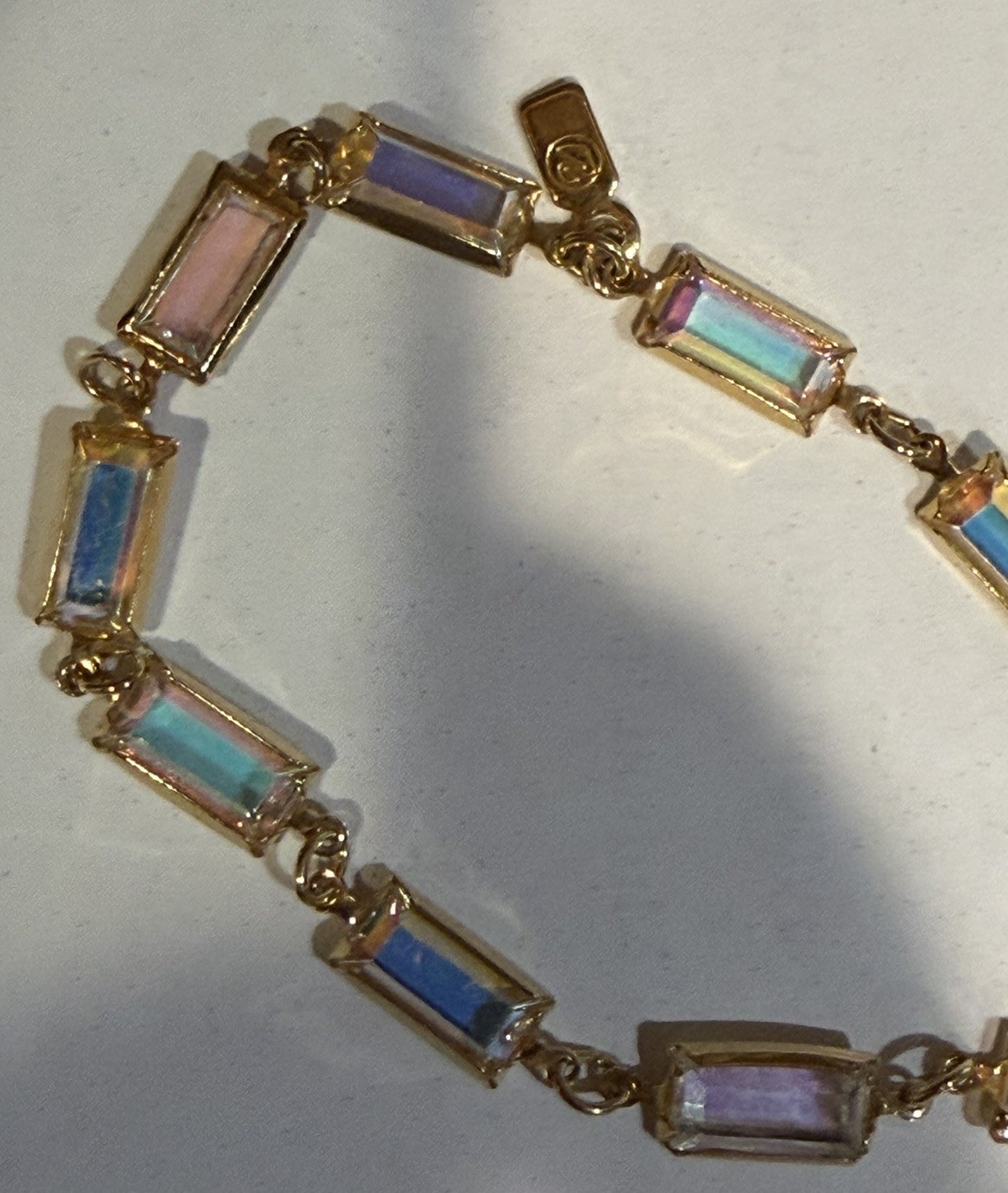 Vintage Swarovski Aurora Borealis Baguette Crystal Necklace Gold Tone Signed