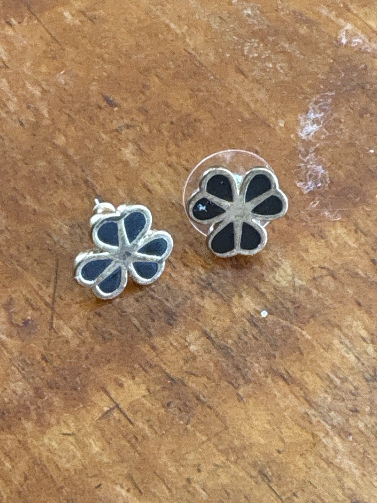 Pilgrim Black Enamel Flower Stud Earrings Gold Tone Floral Signed