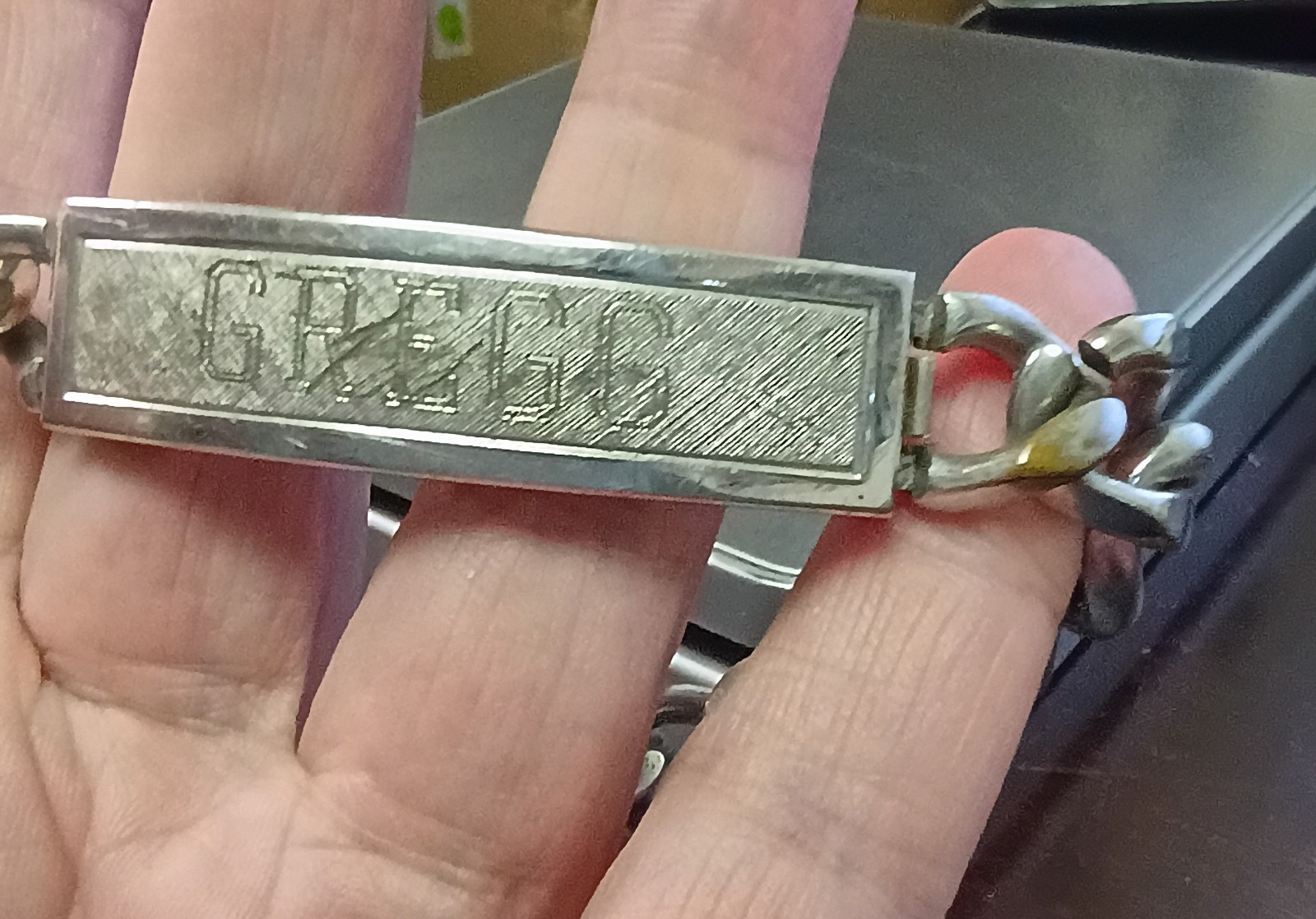 Vintage Speidel USA ID Bracelet Rhodium Electroplate Engraved GREGG