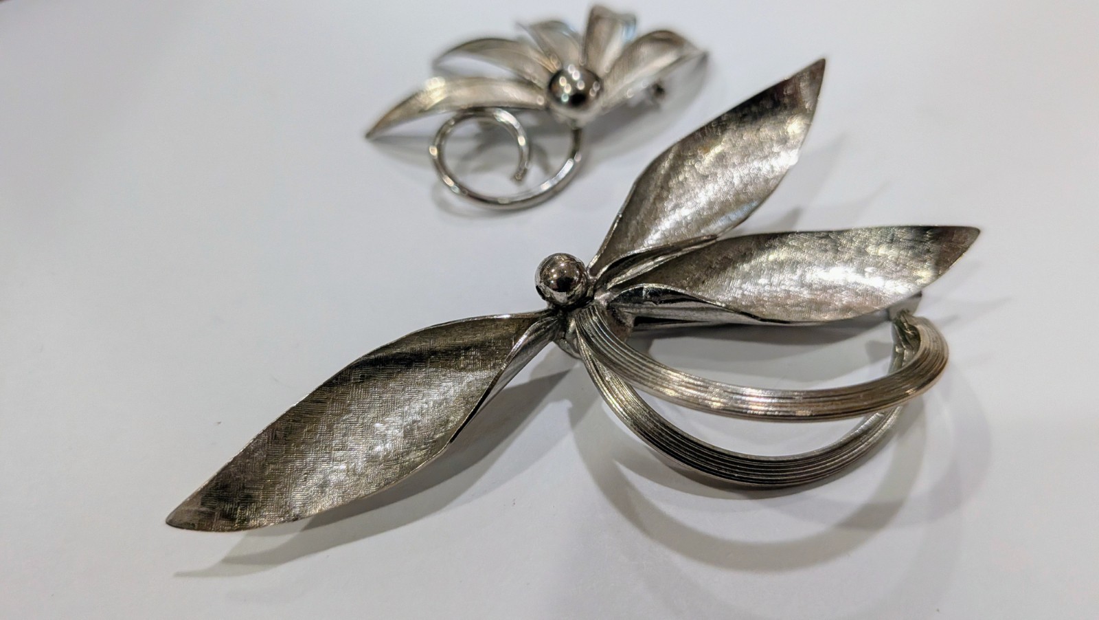 Vintage Silver-Tone Leaf & Feather Brooch Lot, Set of 2, Unsigned