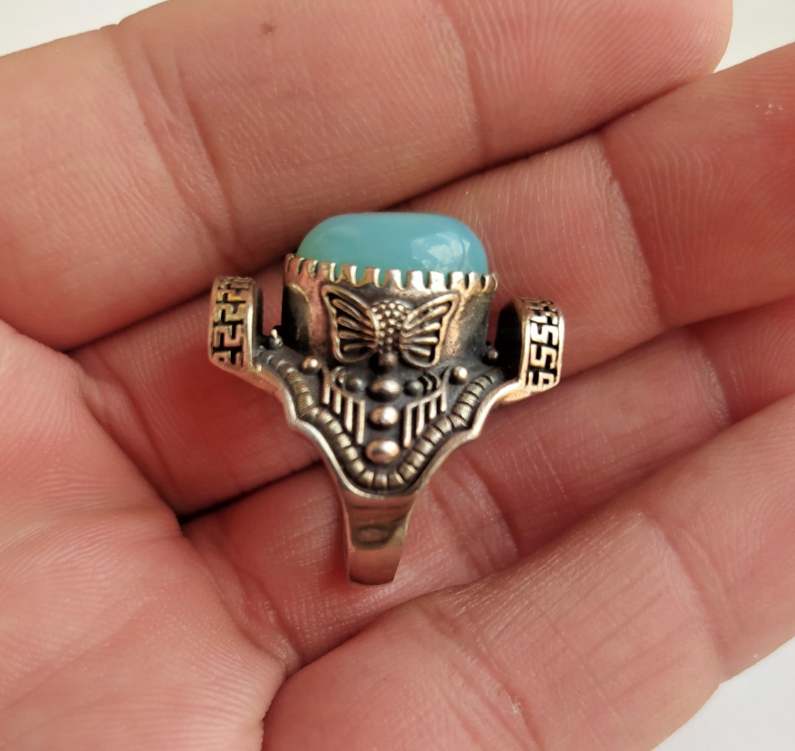 Ancient Vintage Victorian Sterling Silver Ring Natural Aquamarine Stone Size 6.5