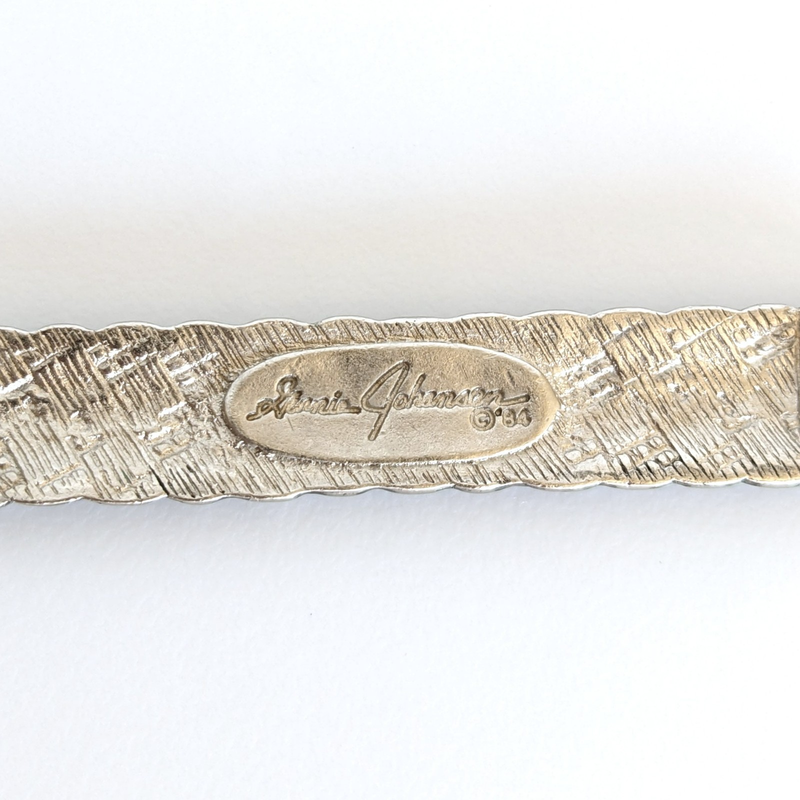 Vintage 1984 Ginnie Johansen Silver Tone Textured Basket Weave Bar 2″ Brooch Pin