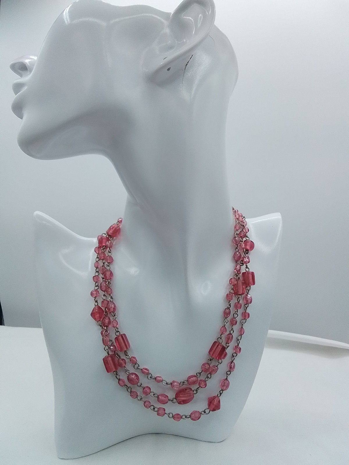 46″ PINK ART GLASS VINTAGE ESTATE NECKLACE CUBE & ROUND SHAPE BEADS CHAIN LINKED