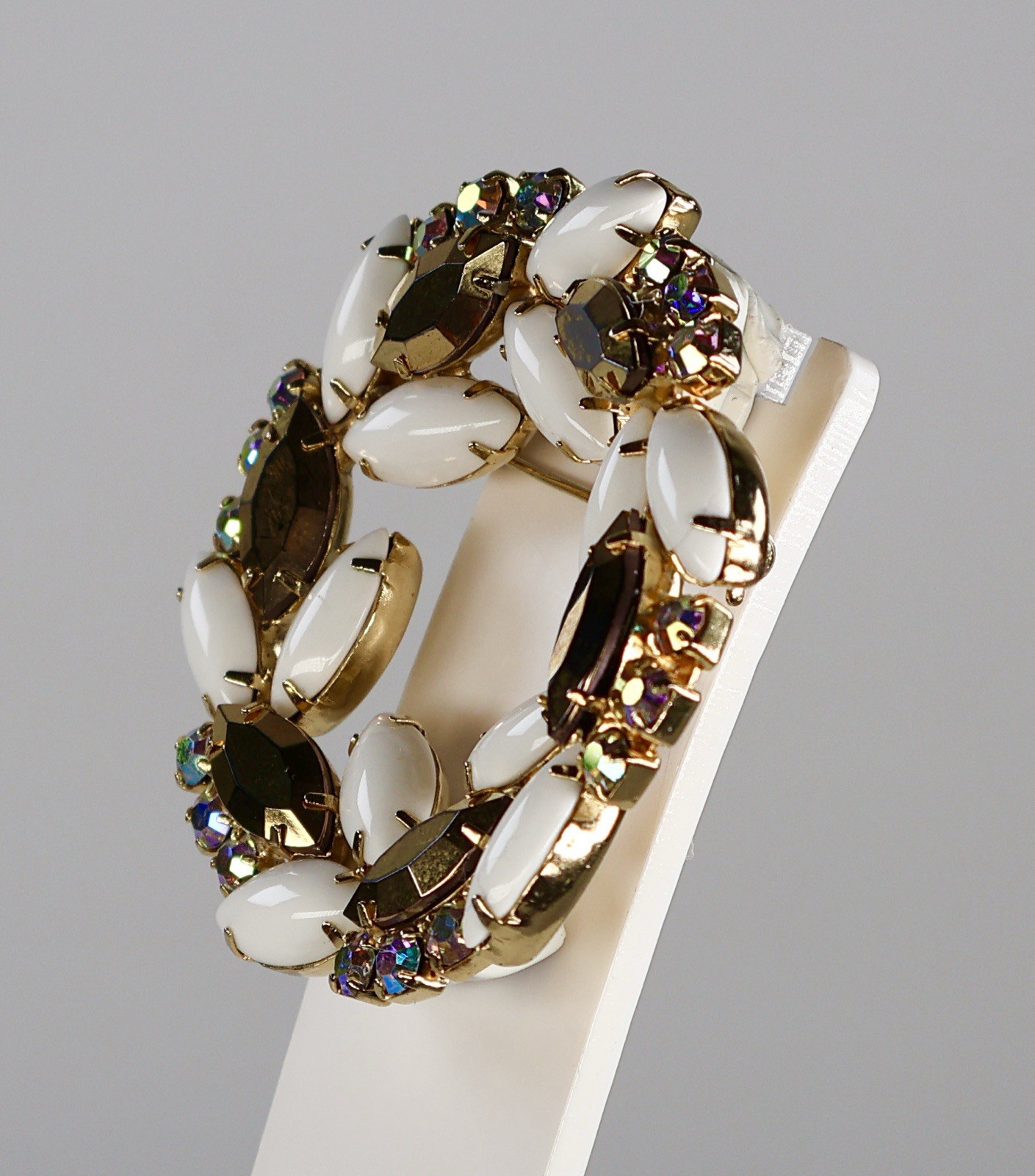 Vintage Rhinestone Wreath Brooch Milk Glass AB Stones Gold Navettes Gold Tone
