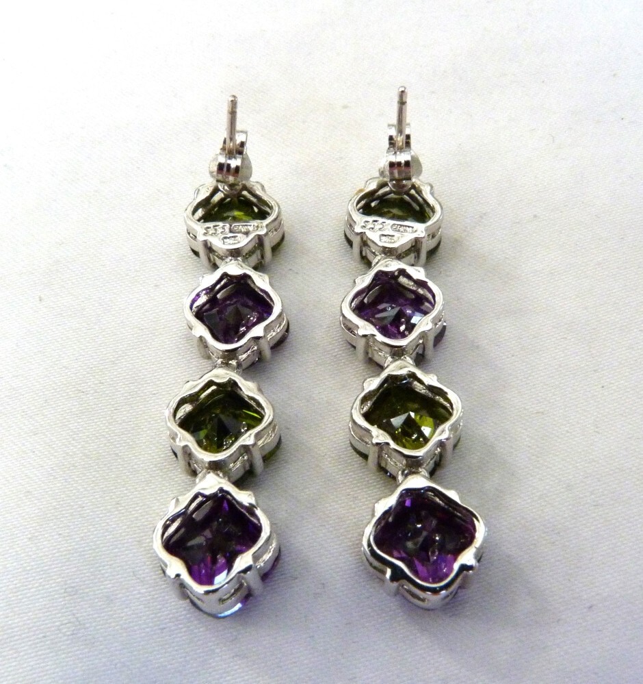 DESIGNER JJJ PURPLE & GREEN CRYSTALS STERLING SILVER DANGLE EARRINGS 1 5/8″ LONG
