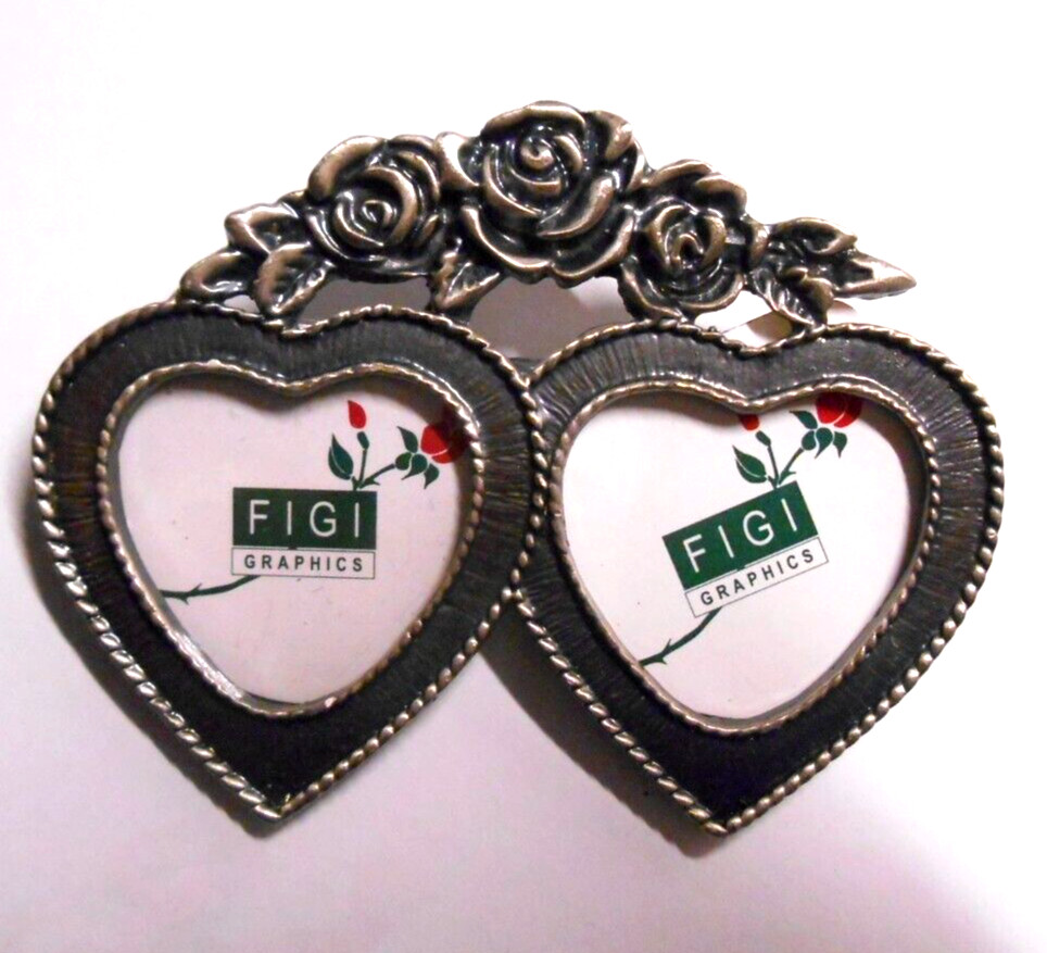 FIGI Token of Love Double Heart Rose Photo Frame Lapel Pin Pewter Brooch