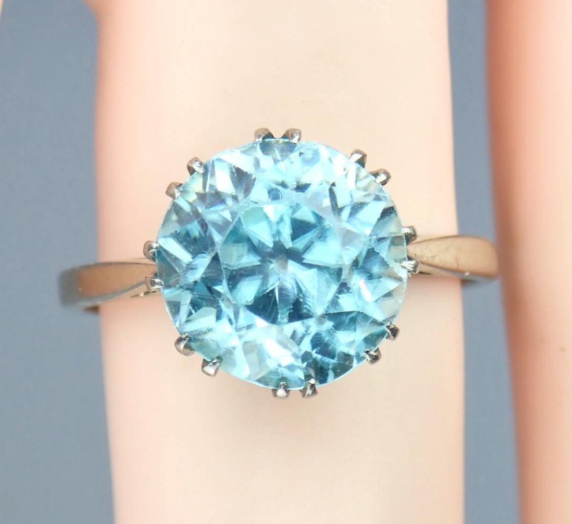 Antique Art Deco 18K Gold 5.4ct Old Cut Blue Zircon Solitaire Engagement Ring 6
