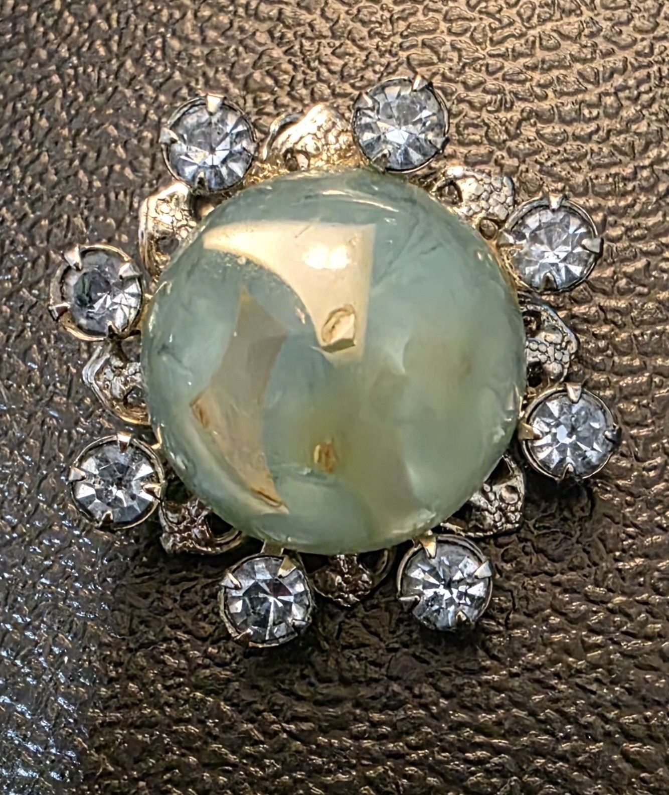 Vintage Cabochon Brooch Pin Earring Set Blue Green Artsy Stone Rhinestones