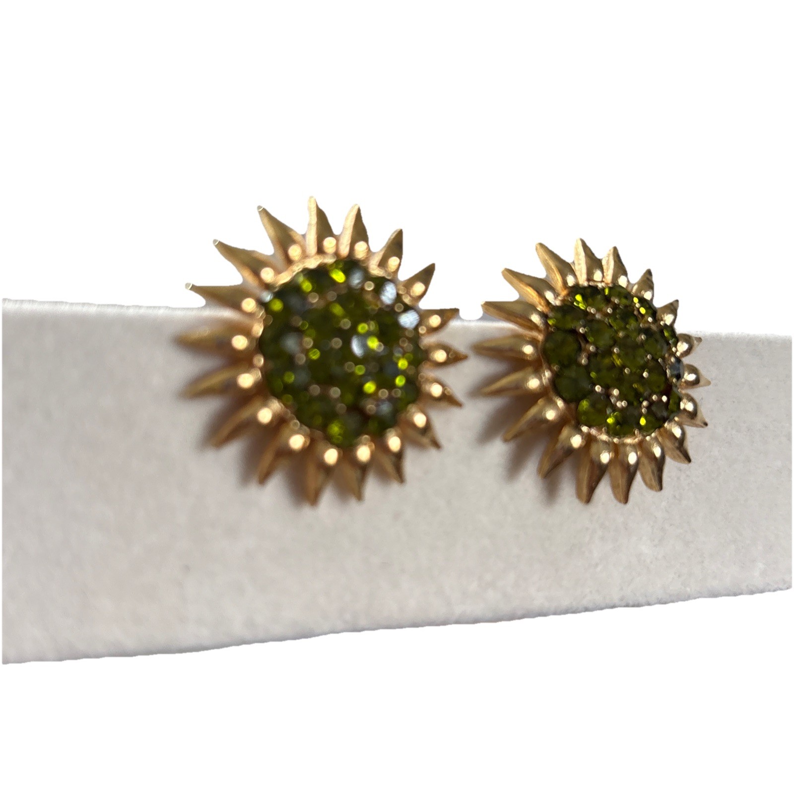 Vintage Green Rhinestones Gold Tone Sunflower Clip On Earrings MCM Statement