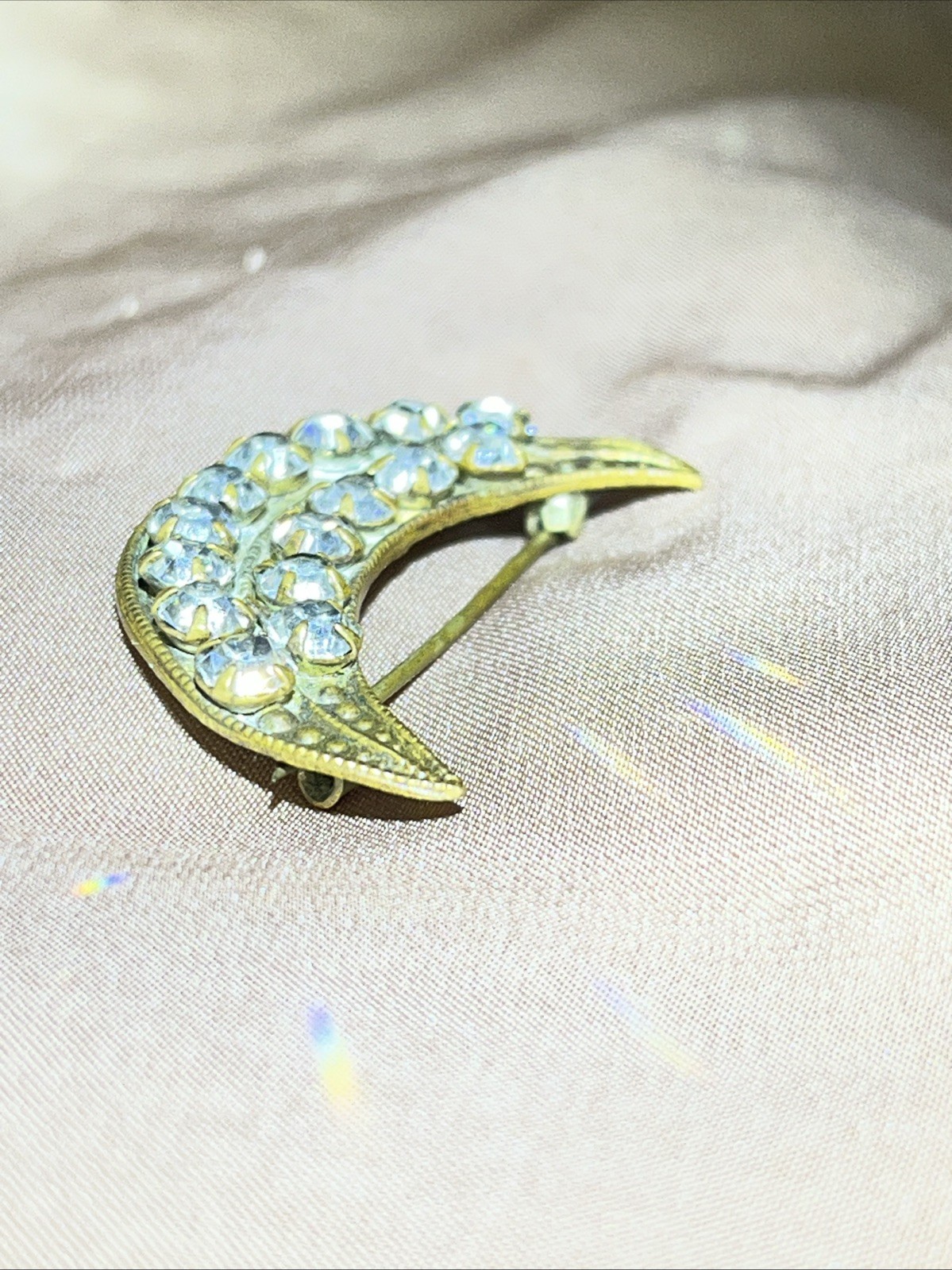 Unusual Antique Victorian Crescent Moon Brooch Prong Set Rhinestones Pin 1880s