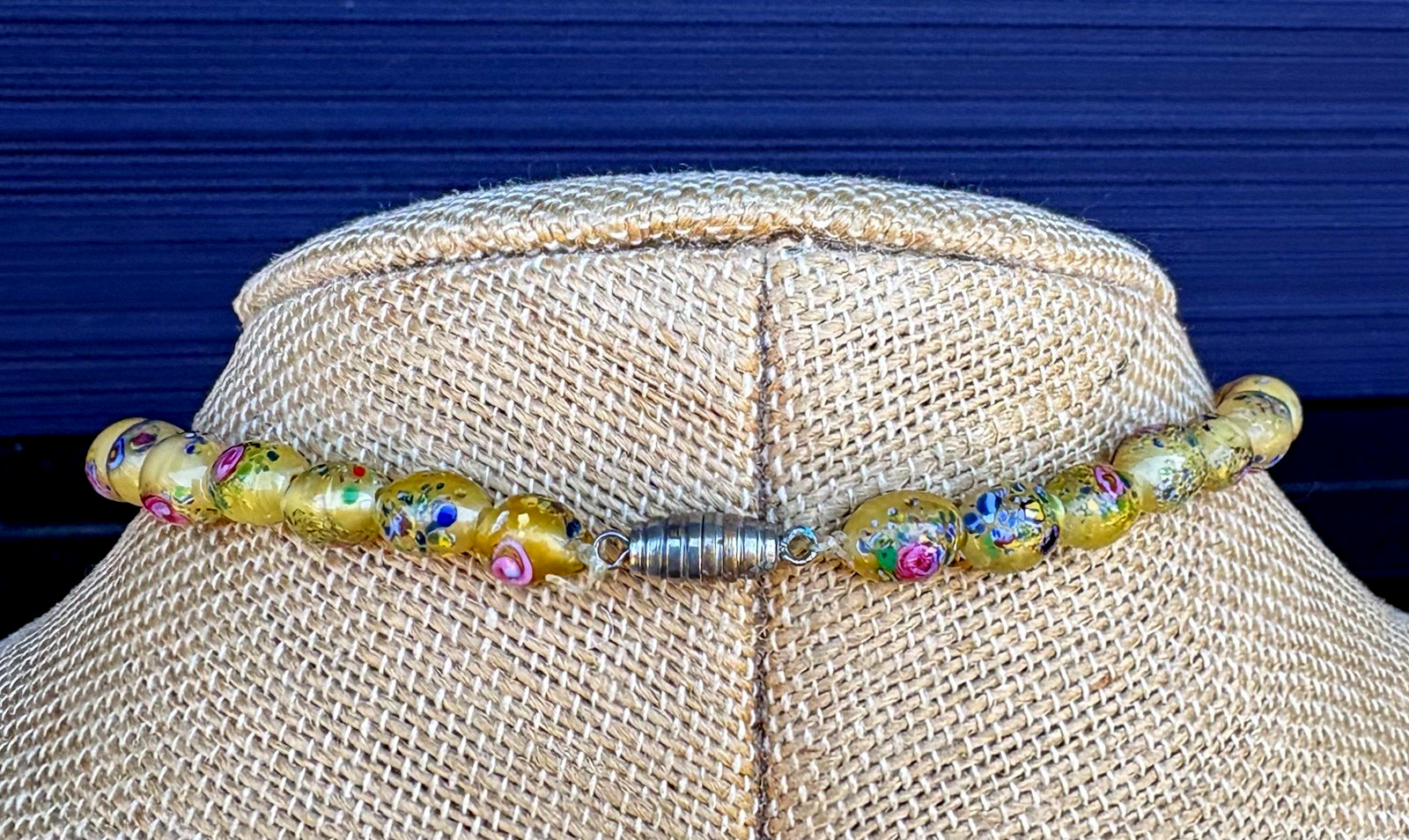 CZECH 1920’S NECKLACE YELLOW SATIN GLASS BEADS WITH FLOWERS 19.6″ Long