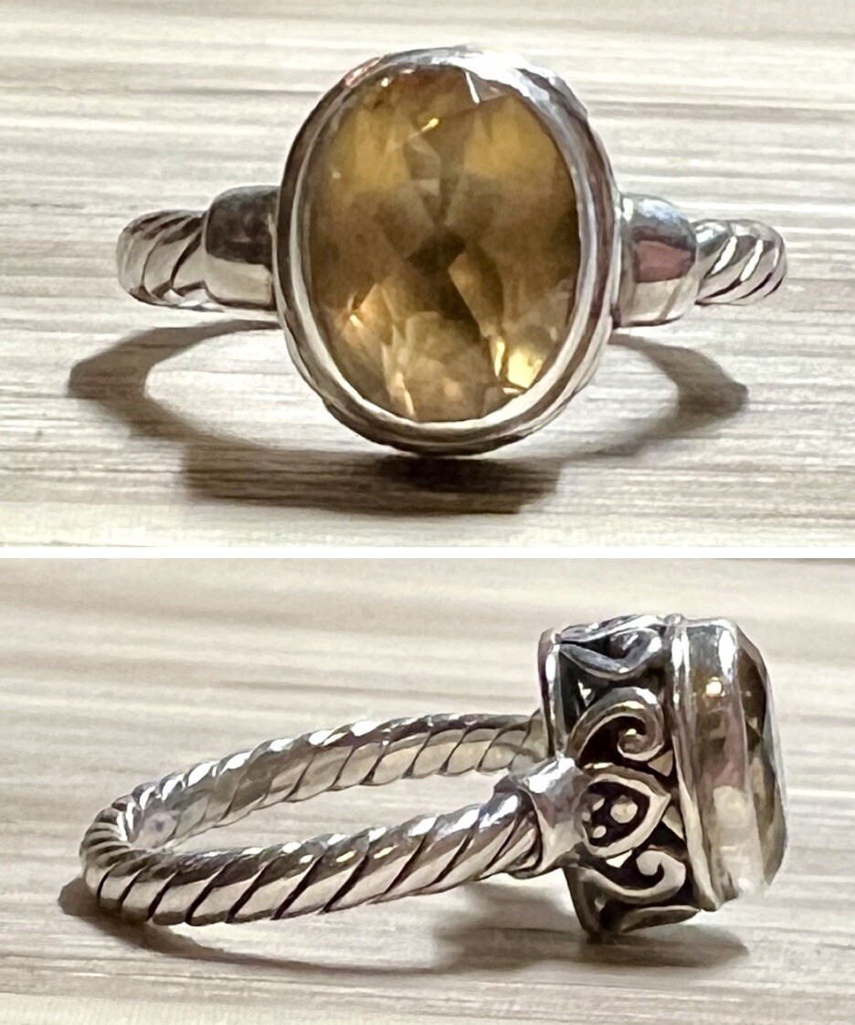 Vintage Designer Signed M ID Sterling Silver Twisted Cable Citrine Ring, Size 5