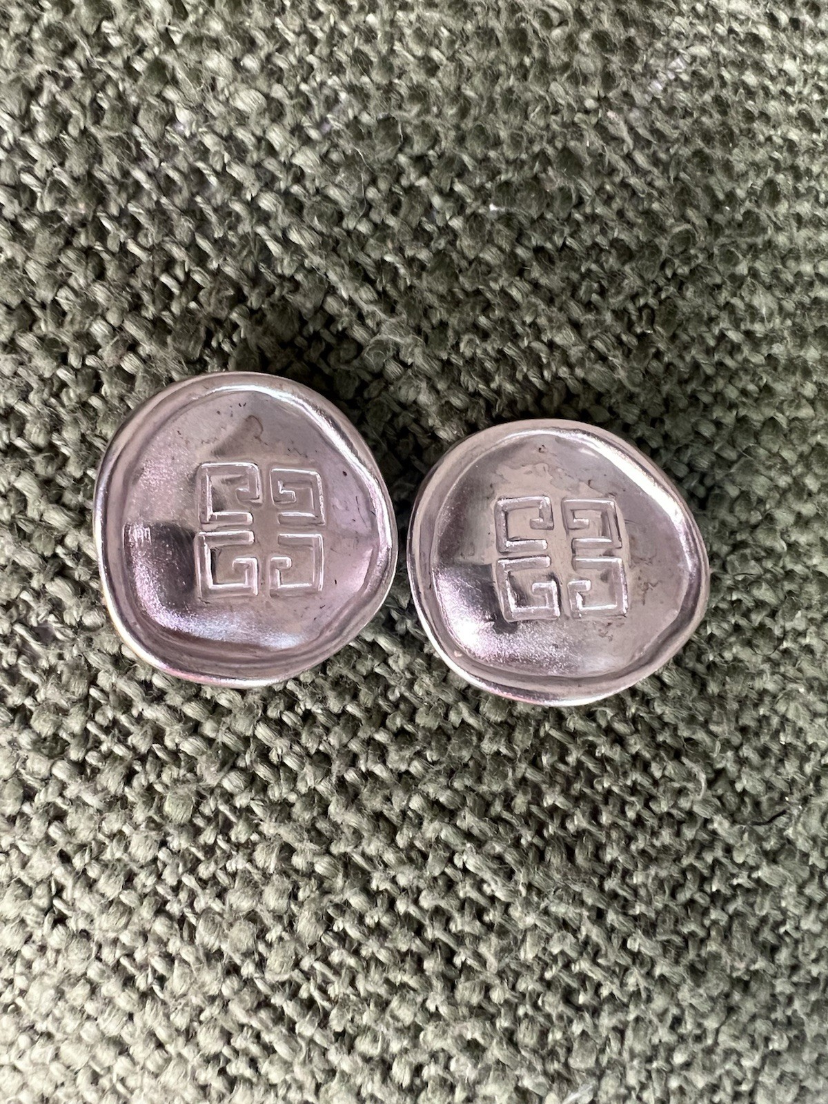 Vintage 80s Givenchy Clip On Earrings 4G Logo OLD MONEY Signed Satin Silver Tone