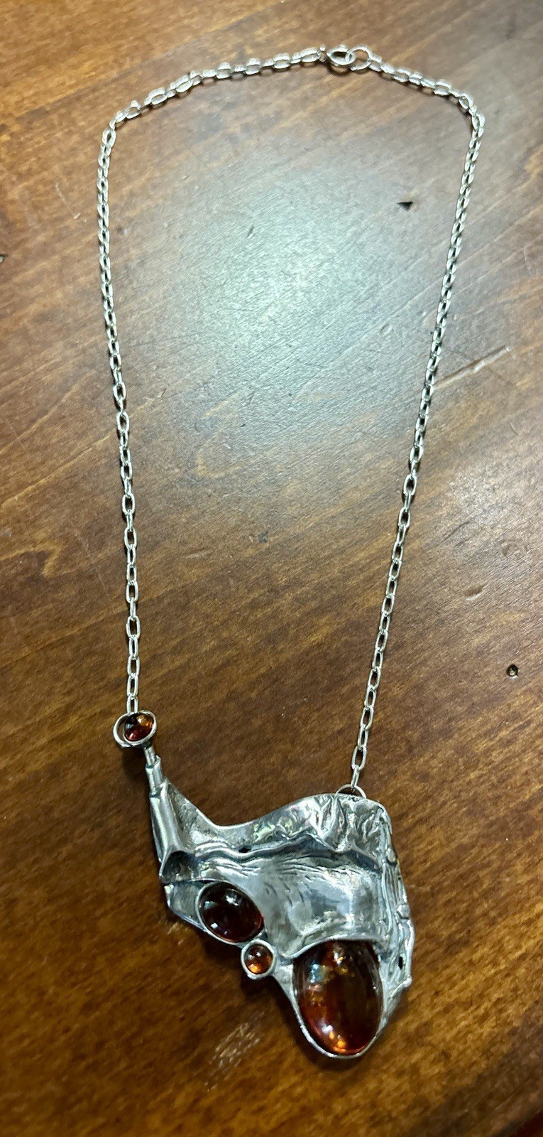 Vintage 17” Sterling & Amber Brutalist Necklace / Amazing!!