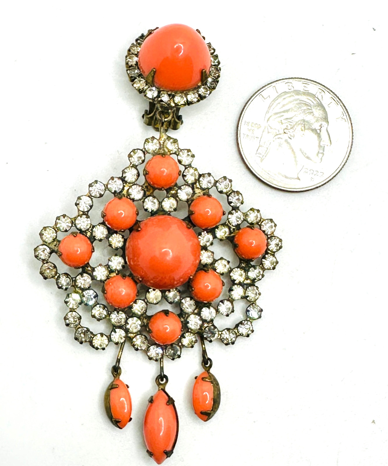RARE Signed 1960’s KJL Faux Coral & Rhinestone Clip-on Dangle SINGLE Earring