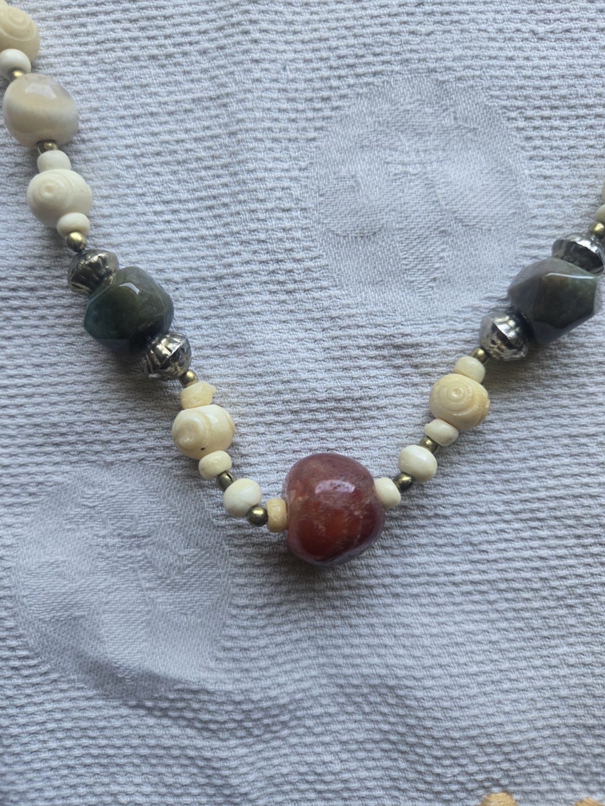 Vintage Stone And Carved Bovine Bone Beaded Necklace 32″