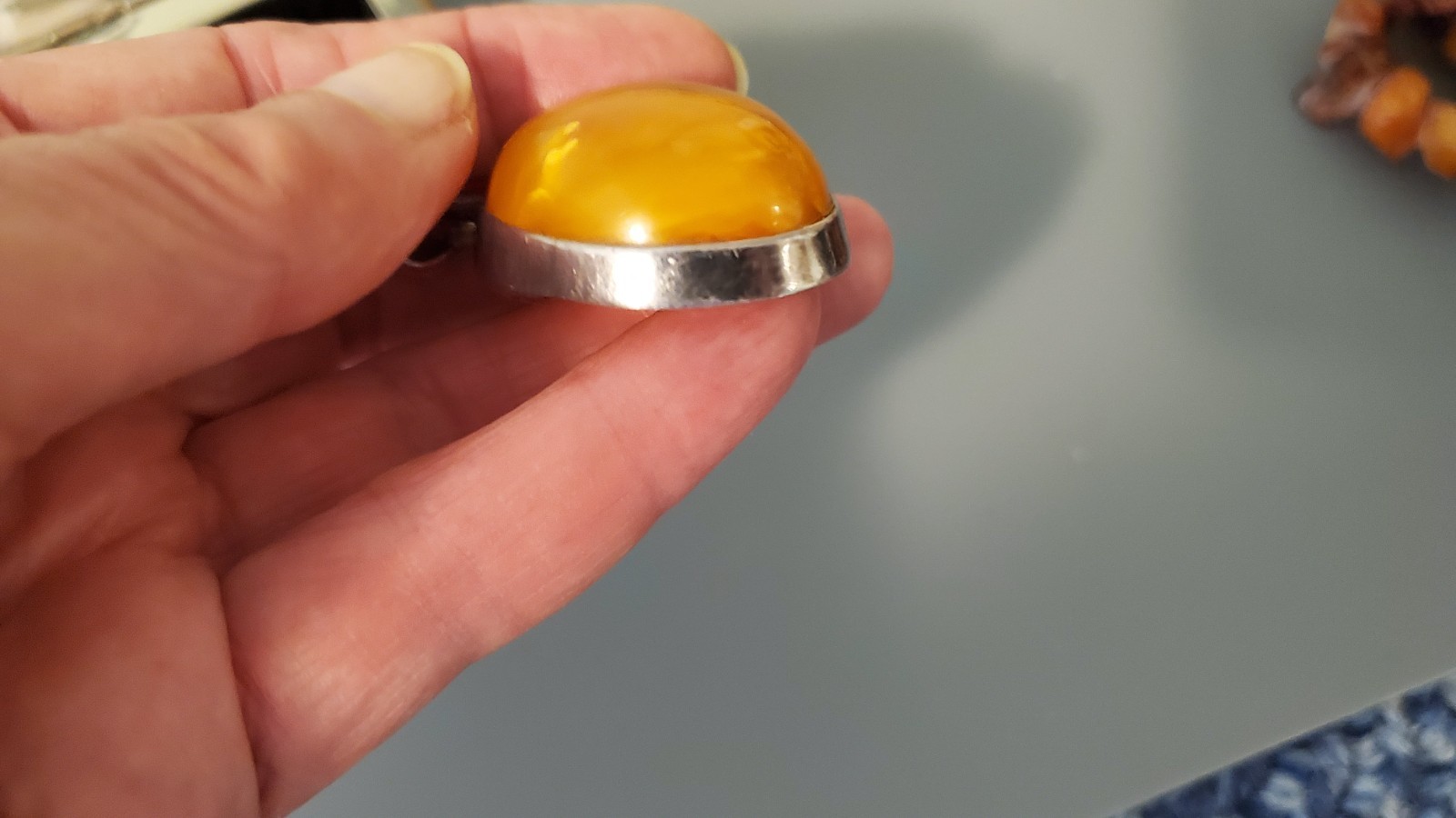 Vintage Lithuania butterscotch amber box and huge sterling pendant set