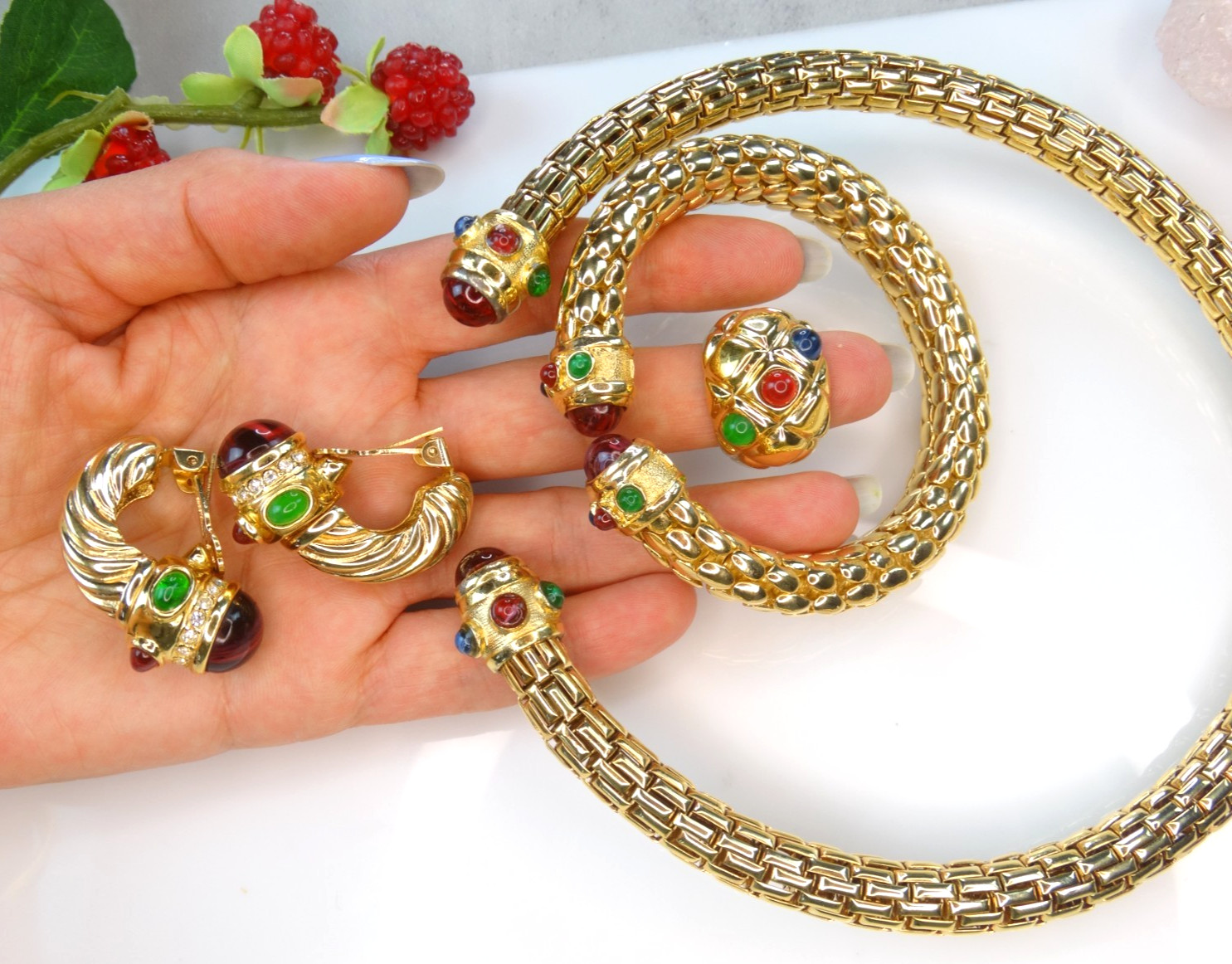 HIGH END VINTAGE JEWELRY LOT 80S IVANA GOLD GRIPOIX MOGUL CABS CHOKER EARRINGS +