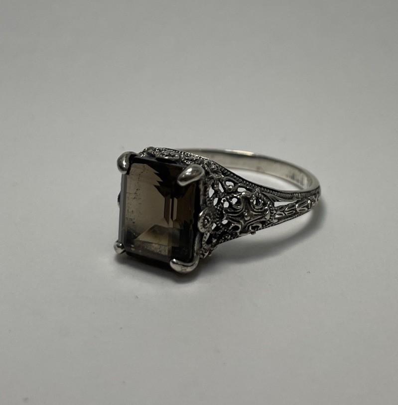 Estate Ring Smokey Gray Quartz Sterling Silver Sz 9.5 Baguette Art Nouveau Style